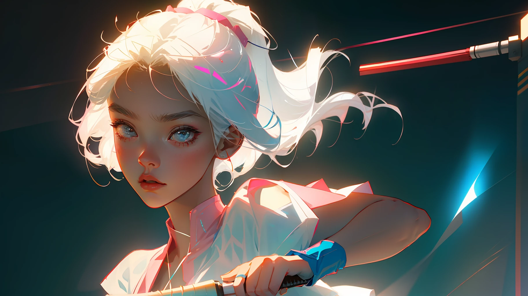 Highest quality, perfect masterpiece, perfect art, 8K, (young and energetic girl, badminton, wearing pink-blue-red color-block sneakers, urban tennis style outfit, top is clean babes white T-shirt, light blue pleated skirt, socks with white as the main color pink stripes, with badminton rackets, the environment is badminton court; The weather is clear and cloudy; The overall color tone is bright; thick coating style; , delicate face, white hair girl, (white hair: 1.3), medium and short hair, (black background: 1.3), pearl illusion, cyberpunk, fashion trends, 3s material, HD, detail performance, c4d, 3D, octane rendering, ray tracing, complex details, animated lighting, OCrenderer, 8k,