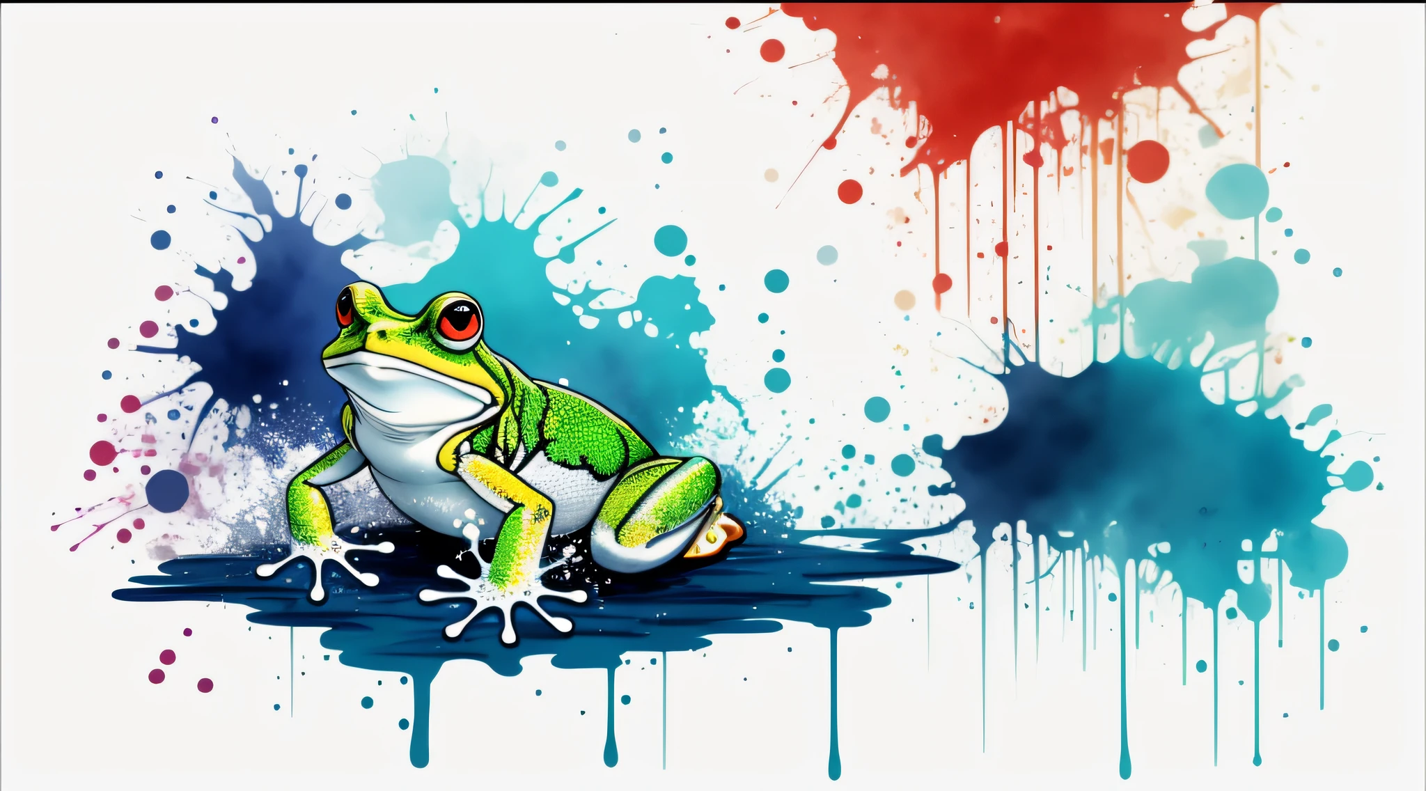 white background, paint splashes, painted frog silhouette, artwork, water