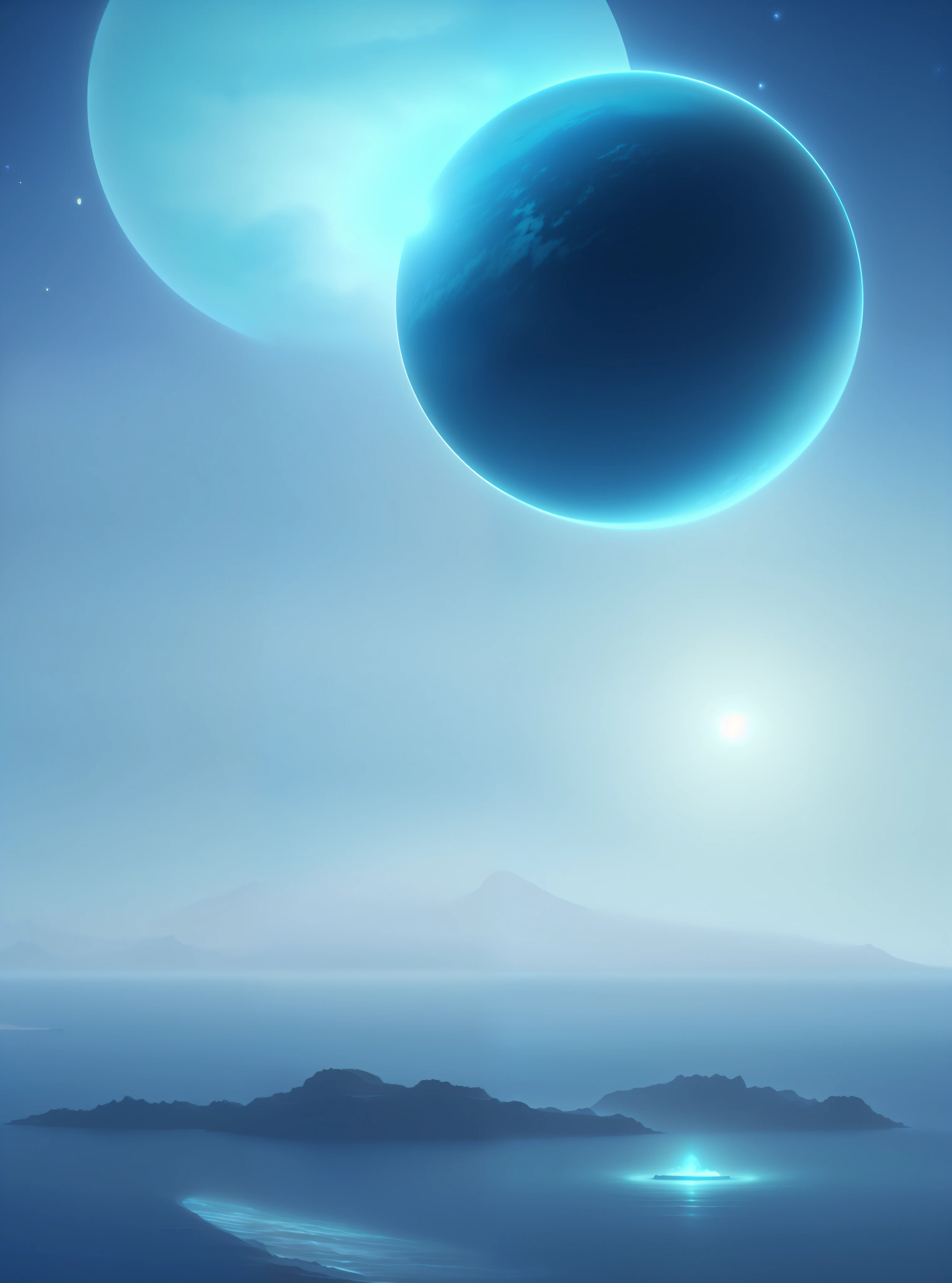Ocean on alien planet Titan, ocean on planet Titan, optimistic matte painting, spaceship in the distance, space engine, glowing matte painting, blue planet still, blue atmosphere, soft focus matte painting, ice planet, fantastic matte painting, smooth concept art, dark blue atmosphere