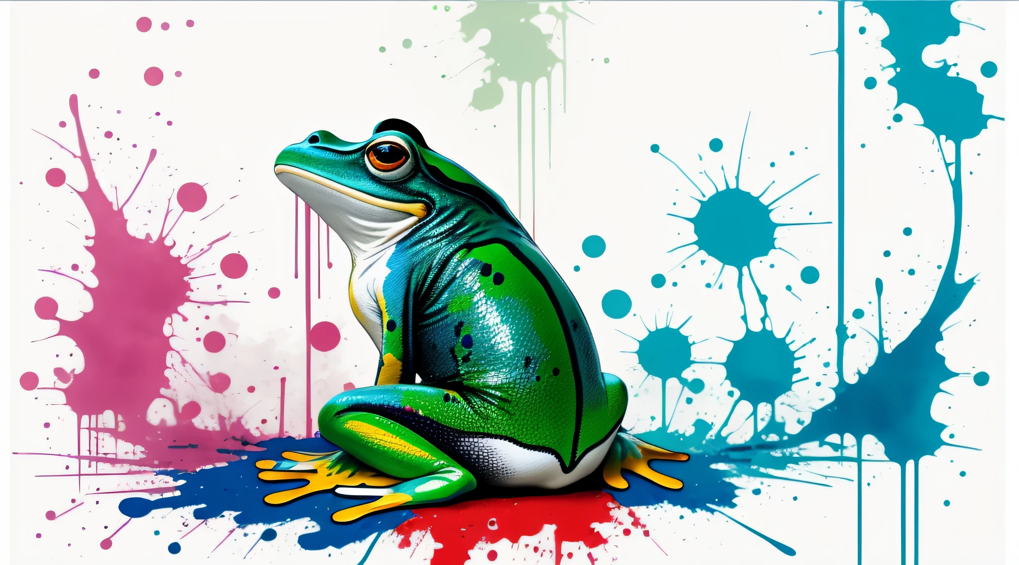 white background, paint splashes, frog silhouette splattered with other color, artwork