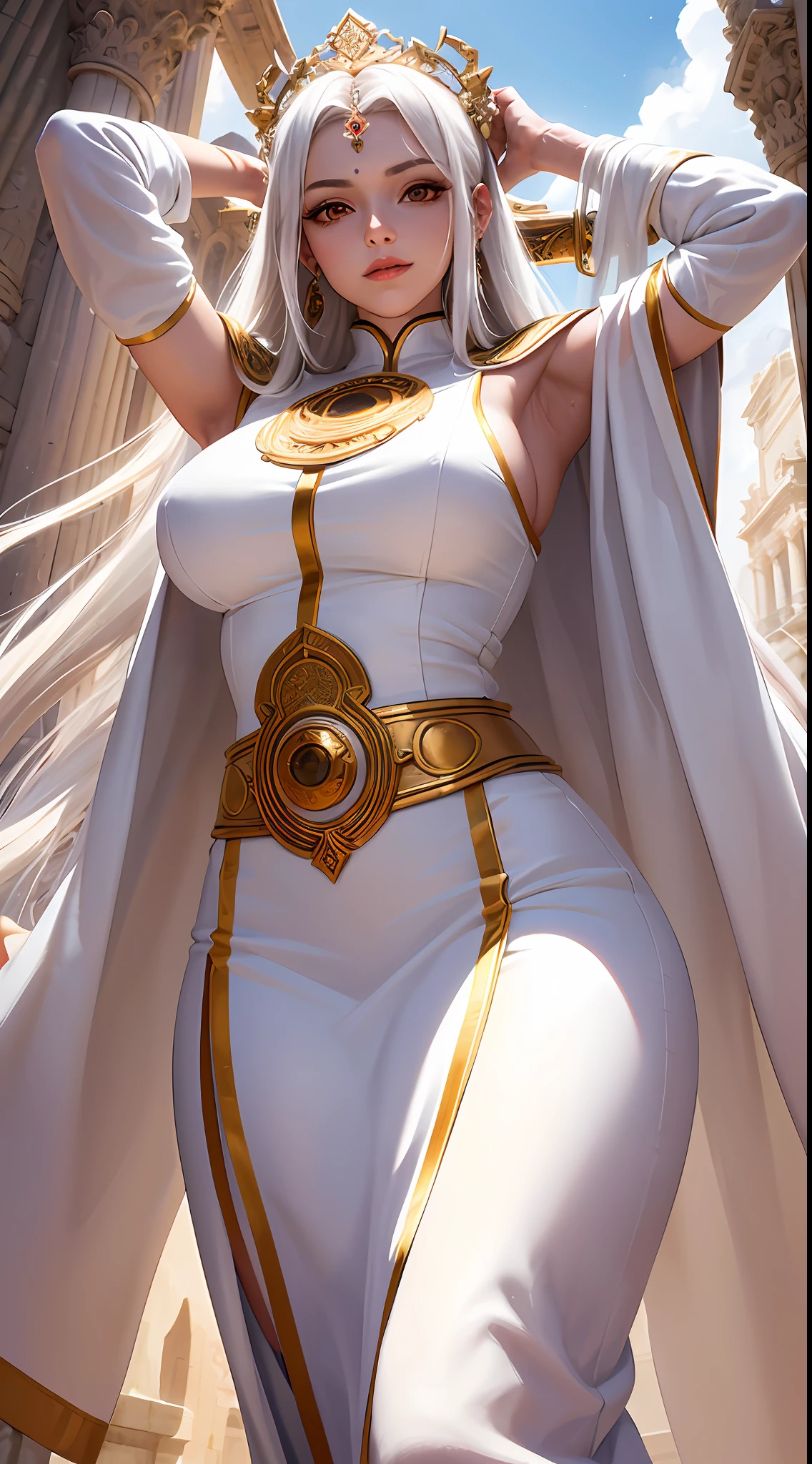 (masterpiece, best quality, 8k), 1girl, mature woman, attractive goddess, lips, ancient Andes clothes, white clothes, gorgeous clothes, detailed pattern, orange eyes, long white hair, arms up, armpits, divine, immortal, light smile, ancient Andes building, detailed building, outdoor, godlike, godrays, cinematic lighting, (from below)