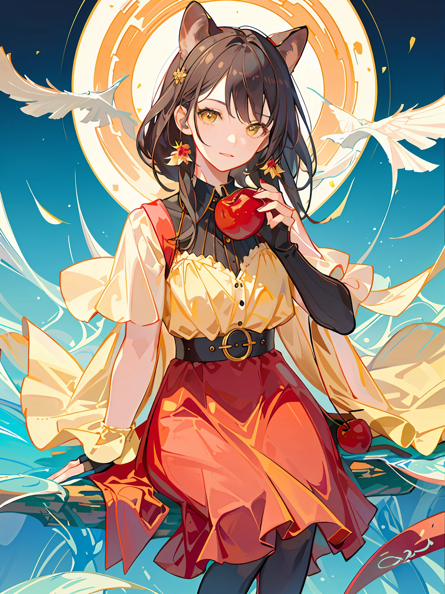 HD4k,masterpiece,best quality),look at viewer, araffe girl holding a cherry and a cherry in her hand, official artwork,🐿🍸🍋, yellow background