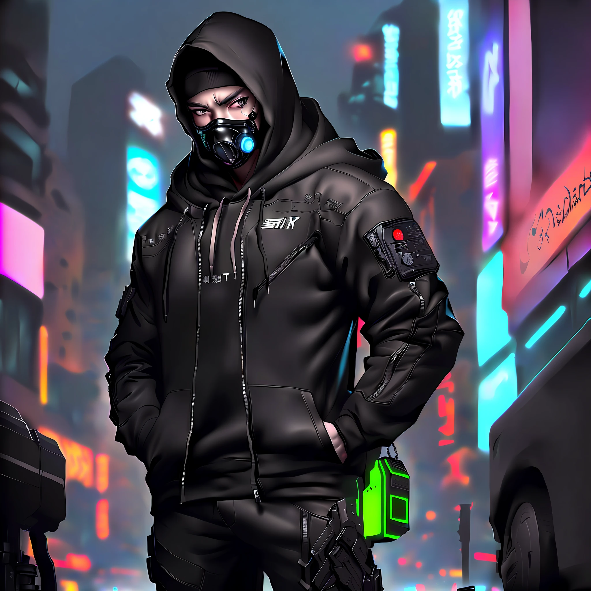 there is a man in a hoodie and a gas mask standing in the street, cyberpunk street goon, digital cyberpunk anime art, cyberpunk streetwear, cyberpunk dude, cyberpunk art style, hyper-realistic cyberpunk style, cyberpunk character art, cyberpunk character, cyberpunk artstyle, in cyberpunk style, cyberpunk hacker, cyberpunk themed art, wearing cyberpunk streetwear, has cyberpunk style