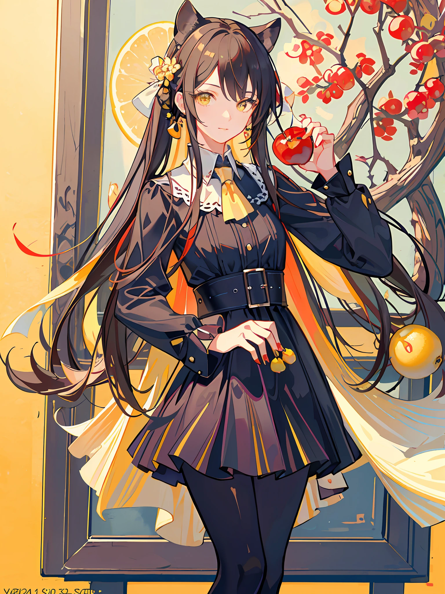 HD4k,masterpiece,best quality),look at viewer, araffe girl holding a cherry and a cherry in her hand, official artwork,🐿🍸🍋, yellow background