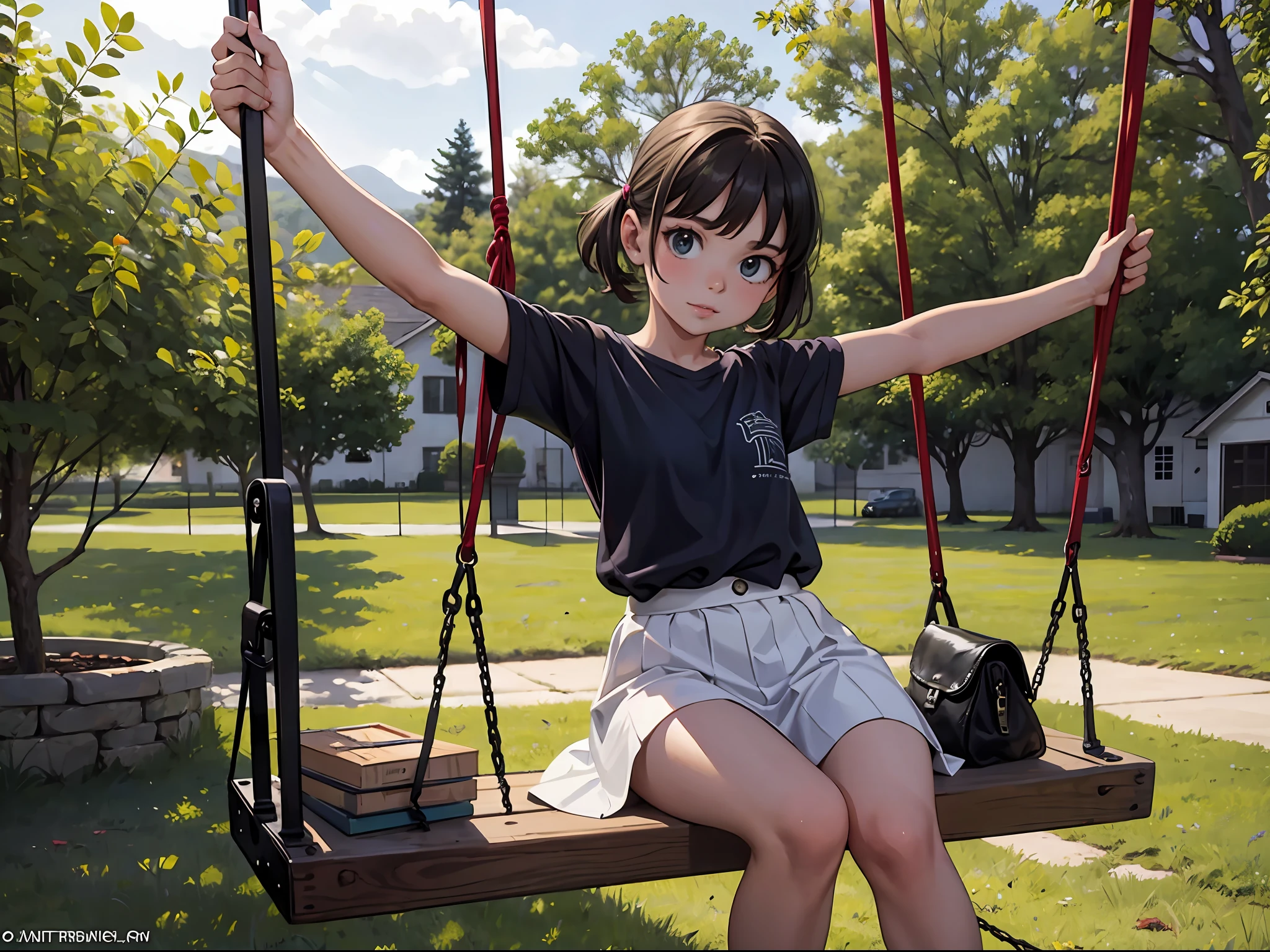 ten years old girl swinging on a swing