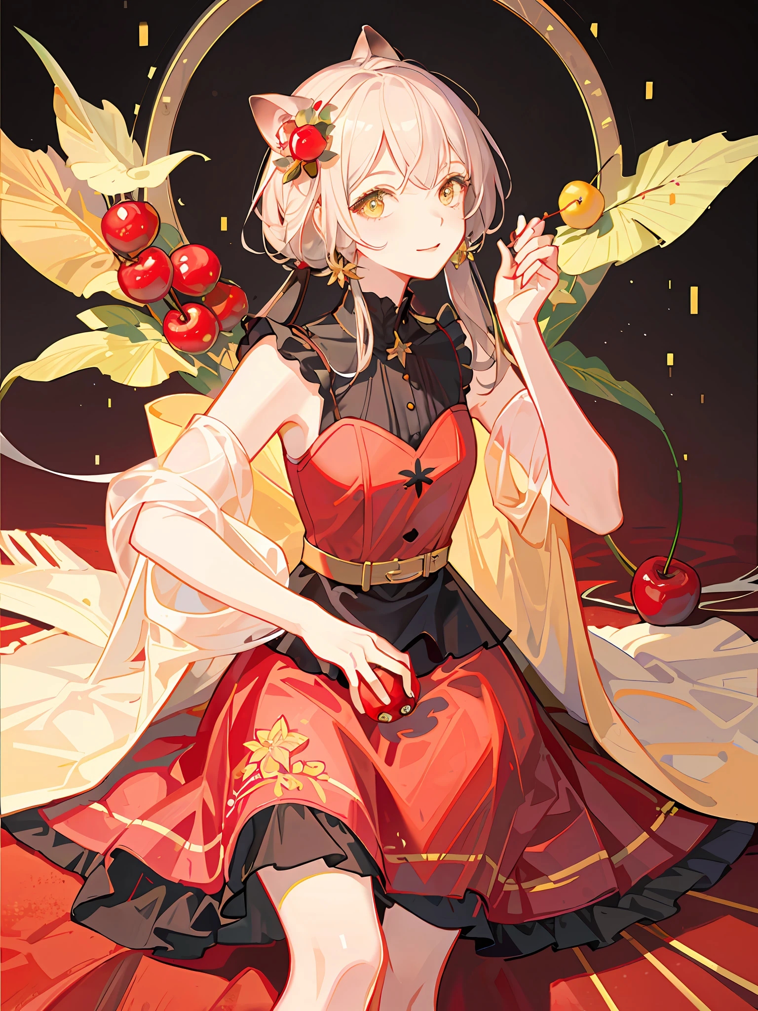 HD4k,masterpiece,best quality),look at viewer, araffe girl holding a cherry and a cherry in her hand, official artwork,🐿🍸🍋, yellow background
