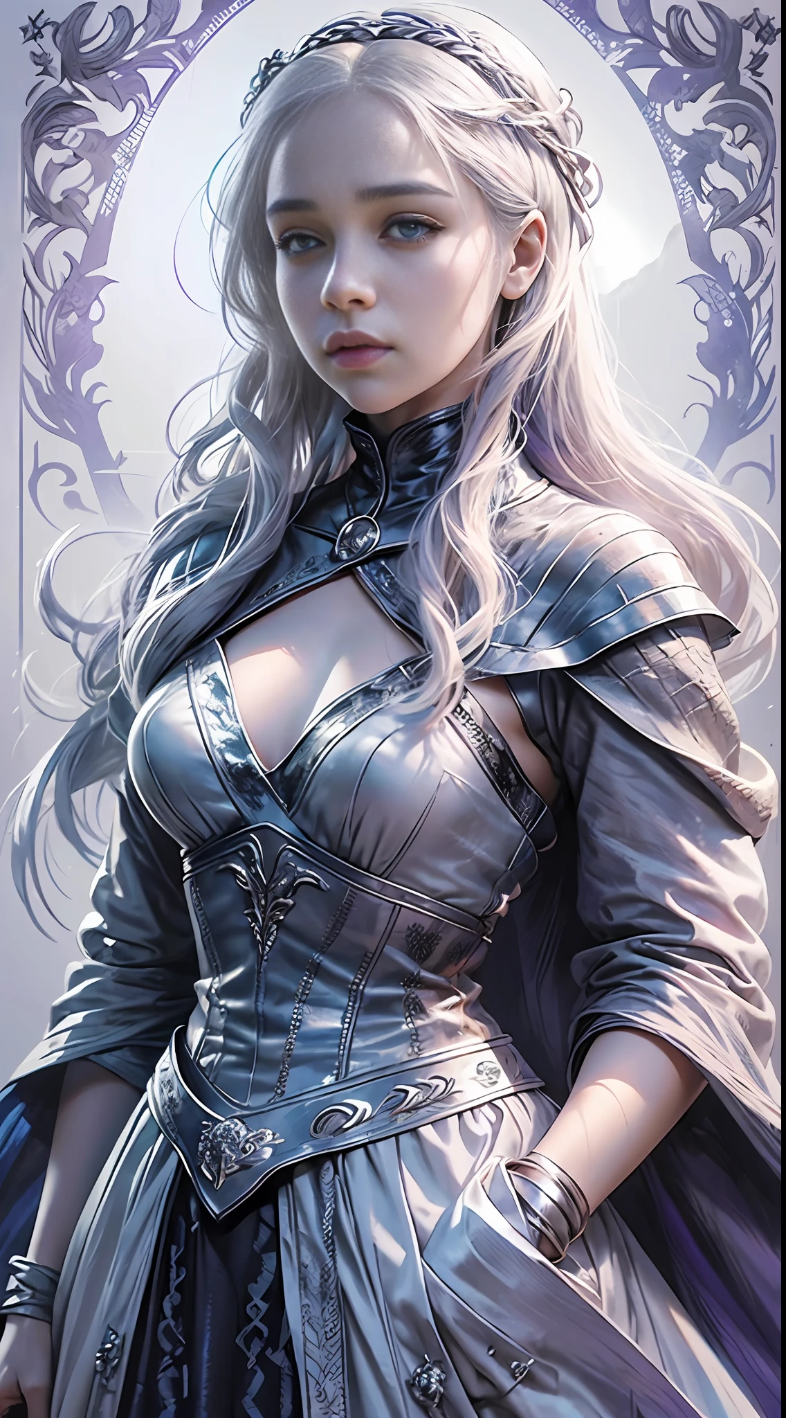 Game of Thrones heroine Daenerys Targaryen's character poster, (1 girl), white background, Hanfu, eyes (blue: 1.2 + purple: 1.1), hair (white: 1.3 + silver: 1.2), jewel tiara, high rhyme beauty, rich details, beautiful atmosphere.