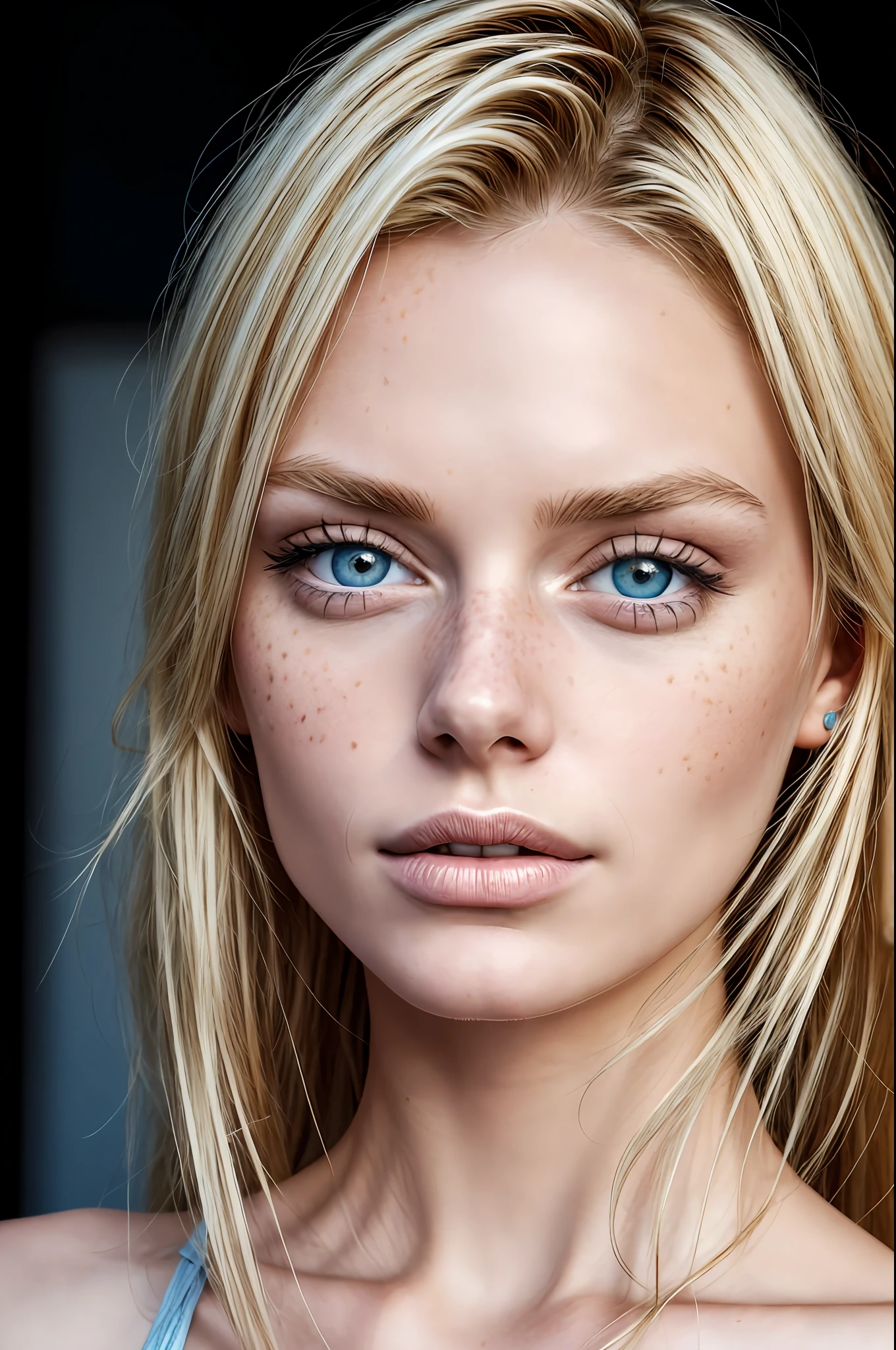 (close-up editorial photo of 20 yo germanian woman, blonde hair, thin european girlfriend), (freckles:0.8), (split lips), realistic blue eyes, POV, realistic[:, (film grain, 25mm, f/1.2, dof, bokeh, beautiful symmetrical face, perfect bright eyes, well-defined pupils, high contrast eyes, ultra detailed skin, skin pores, vellus hair, fabric stitching, fabric texture,  wood grain, stone texture, finely detailed features:1):0.9]