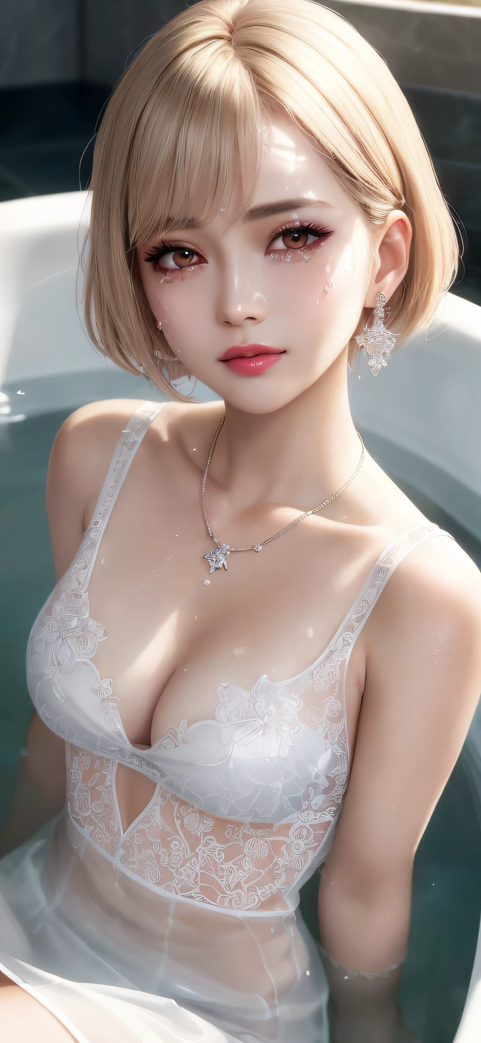 Crying, painful expression, woman lying in bathtub v6, tears, water in the bathtub, mature, white transparent cheongsam, exquisite decoration, necklace, earrings, full body v6, short white hair, wet hair, pronounced cleavage, translucent clothes, patterns on clothes, open-chested outfit, split split openwork miniskirt, visible, superlative, ultra high-definition, RAW photo, realism: 1.25), (bright lip gloss, long eyelashes, smooth face, glossy skin, natural shadows, wide light, wide light, depth of field, Strong colors, subtle caustics: 0.8), (big), v6
