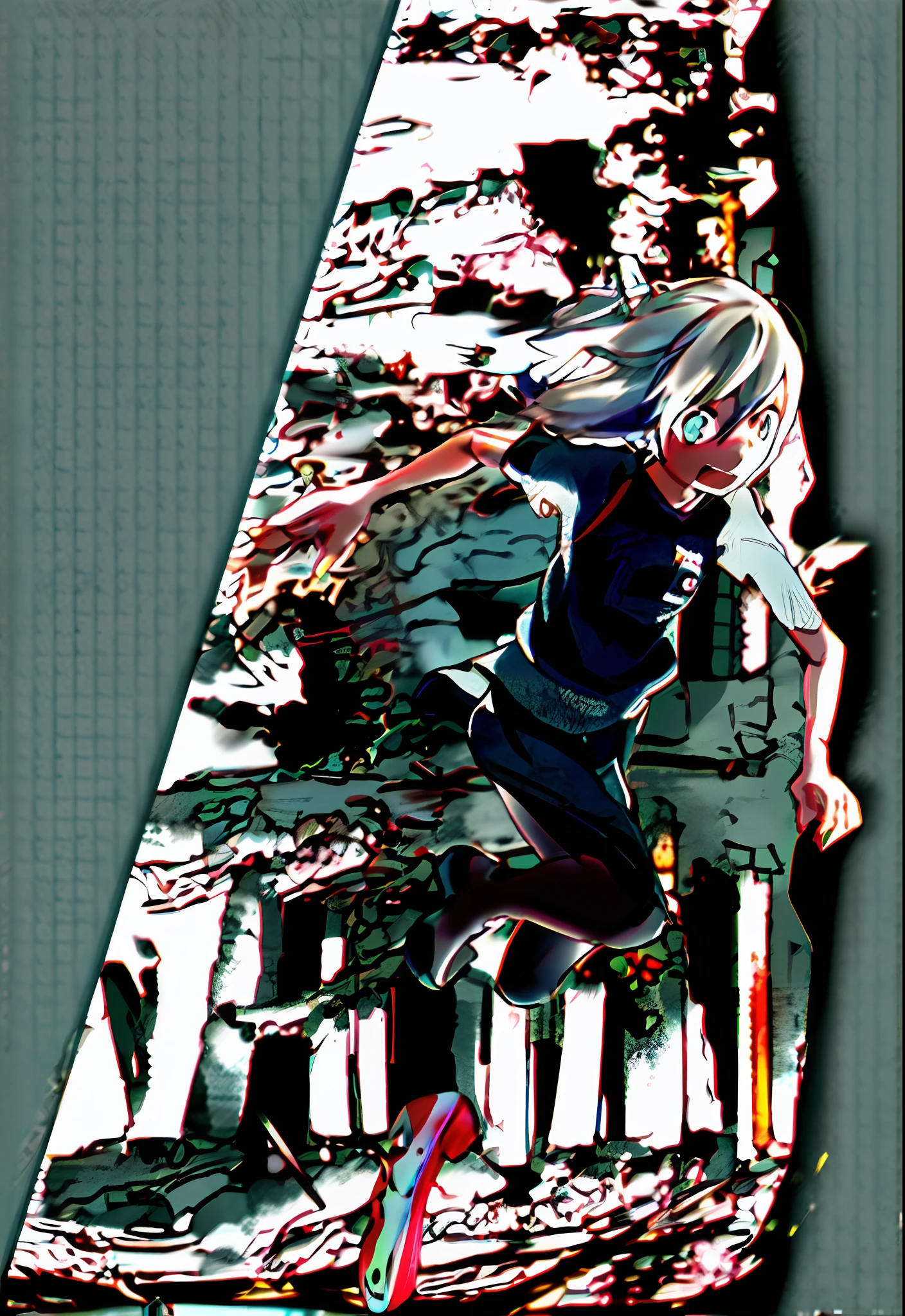 anime girl in white shirt jumping on a skateboard in front of a brick wall, anime girl is running, black and white manga panel, black and white manga page, black and white manga style, annie leonhart in a neon town, by Naka Bokunen, the anime girl is crouching, hologram hovering around her,  official art,promotional art,manga style painting,shades black,white,gray