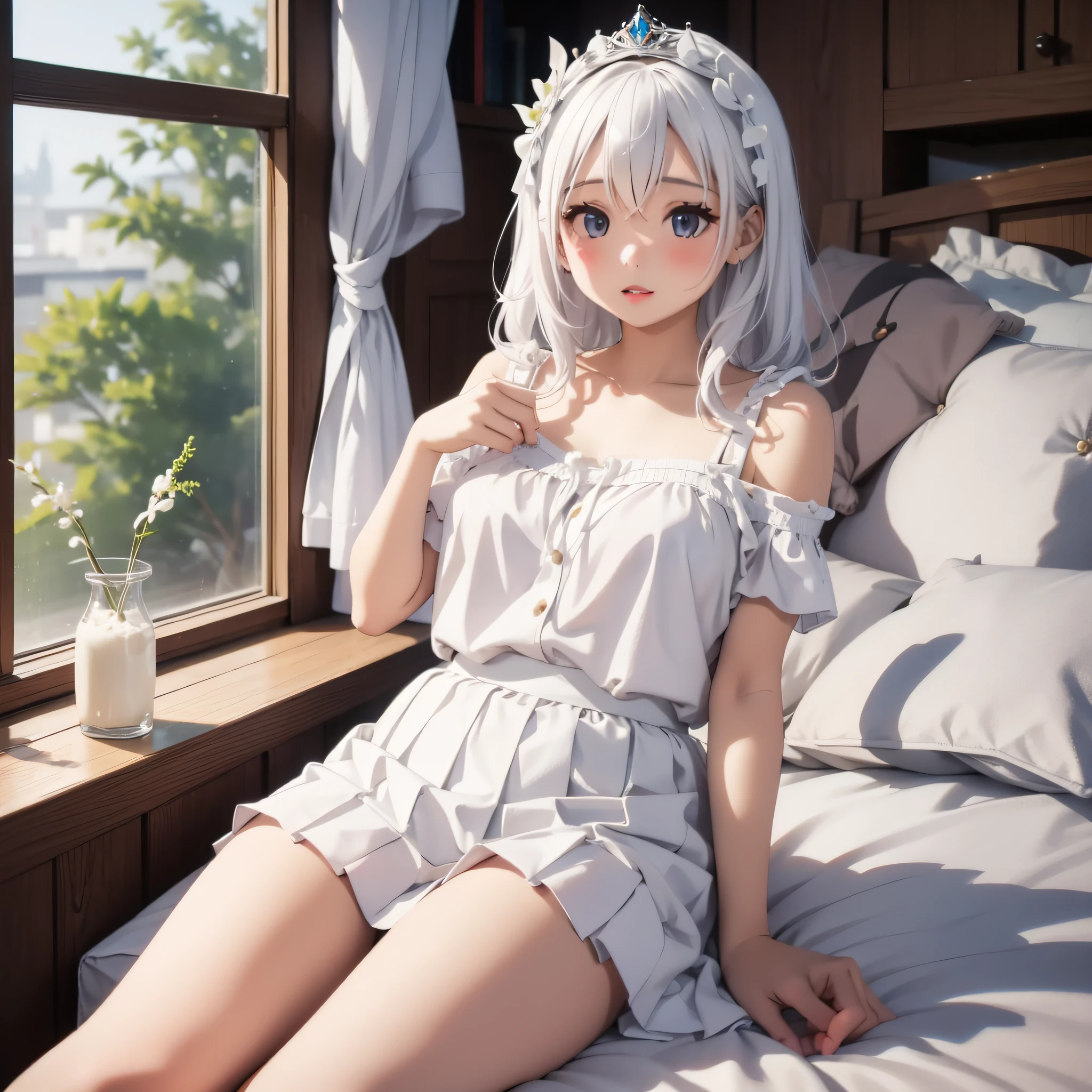 Pure white milky romantic fresh cute short skirt princess sitting on bed upper body