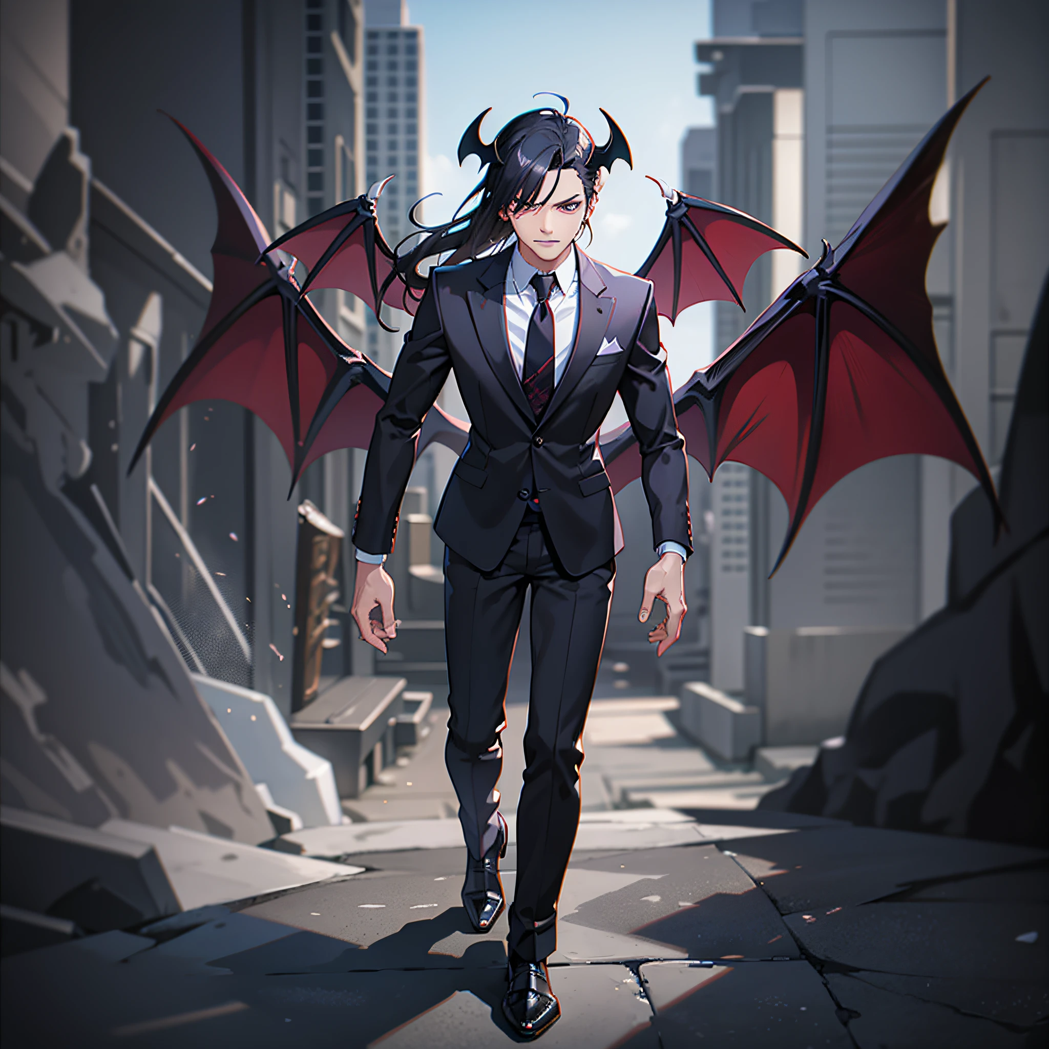 Demon Rogue, wearing a suit, bat wings, demon tail