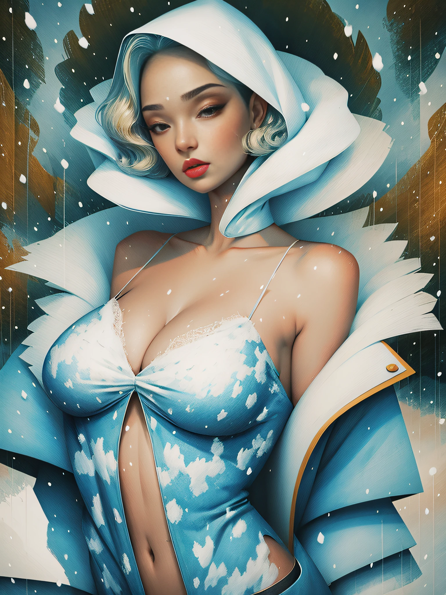 (amia:0.4), short hair, windy, slim, slender, looking at viewer, jacket, off shoulder, cleavage, (masterpiece), (best quality:1.2), absurdres, intricate details, upper body, snowing, (highly detailed skin:1.2),