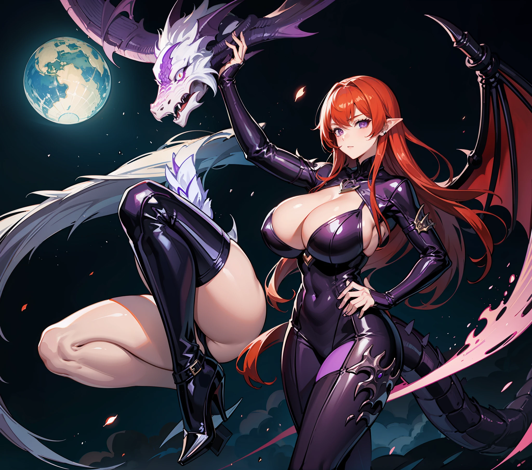 Demihuman dragon, huge breasts, redhead, big butt, a girl, violet eyes