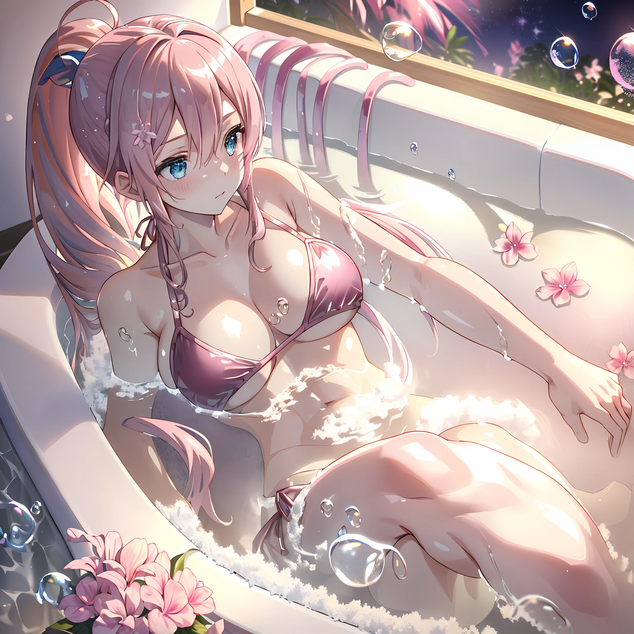 ((masterpiece)),((dynamic angle)),((Bathing in bubble bath:1.3)),((sprawled)),((metallic pink bikini)),1girl, long hair, ponytail, (pale pink hair),embarrassed, aqua eyes,large breasts,,night,pink room,fantasy bath,flower,pink,