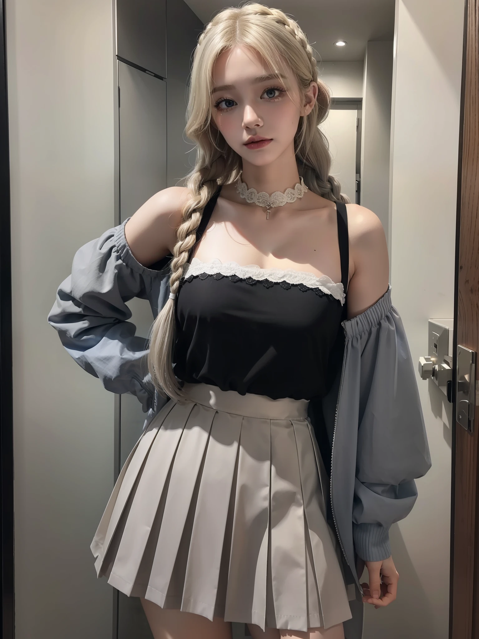 (Blonde: 1.3), Ultra HD real-time rendering, high detail, first-person perspective, delicate face, big watery eyes, long eyelashes, (side braid: 1.1), long hair, lace trim, (gray hair: 0.9), collar, puzzled expression, (orange pleated skirt: 1.2), open shoulders, willow suspenders, transparent jacket, ruffled pantyhose.