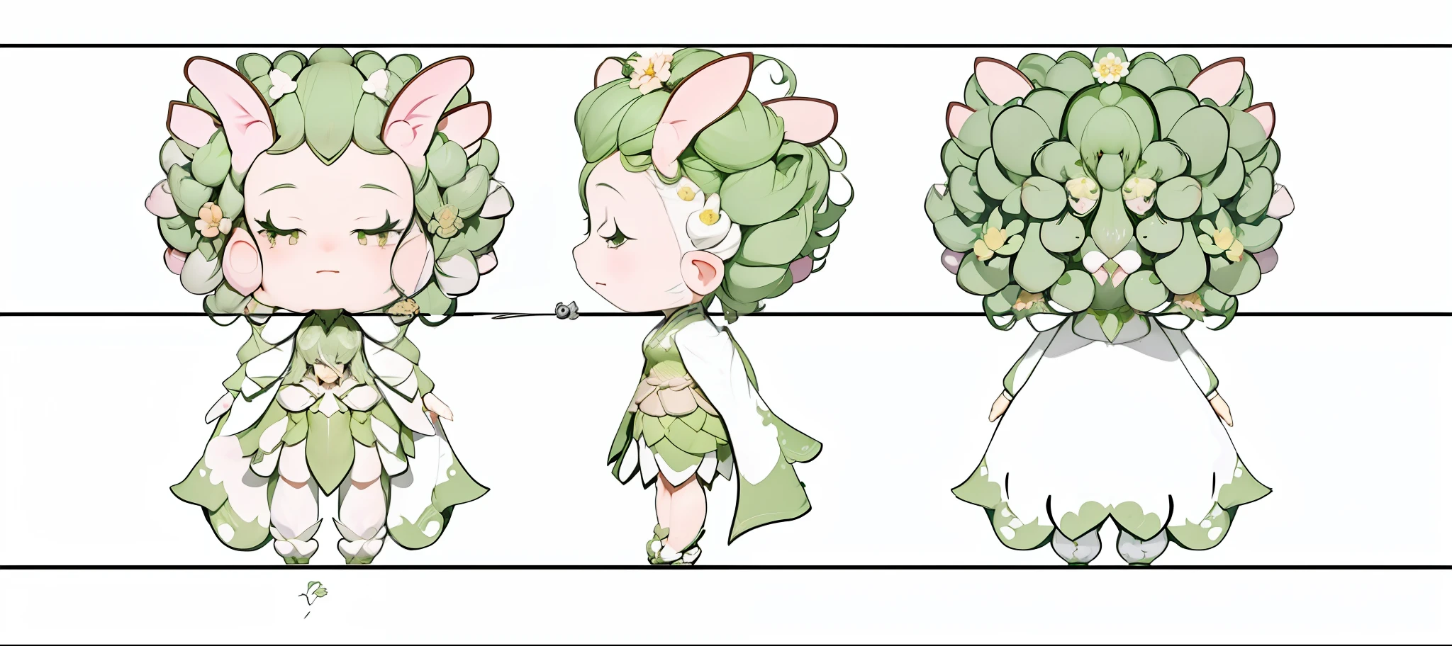 cartoon drawing of three girls with different hair styles, with broccoli hair, character adoptable, tatsumaki, elf girl wearing an flower suit, pixie character, [ character design ], a humanoid thistle monster, detailed fanart, the non-binary deity of spring, turnip hair, a plant monster, liana wrap two fantasy creatures, full body adoptable, sprite sheet