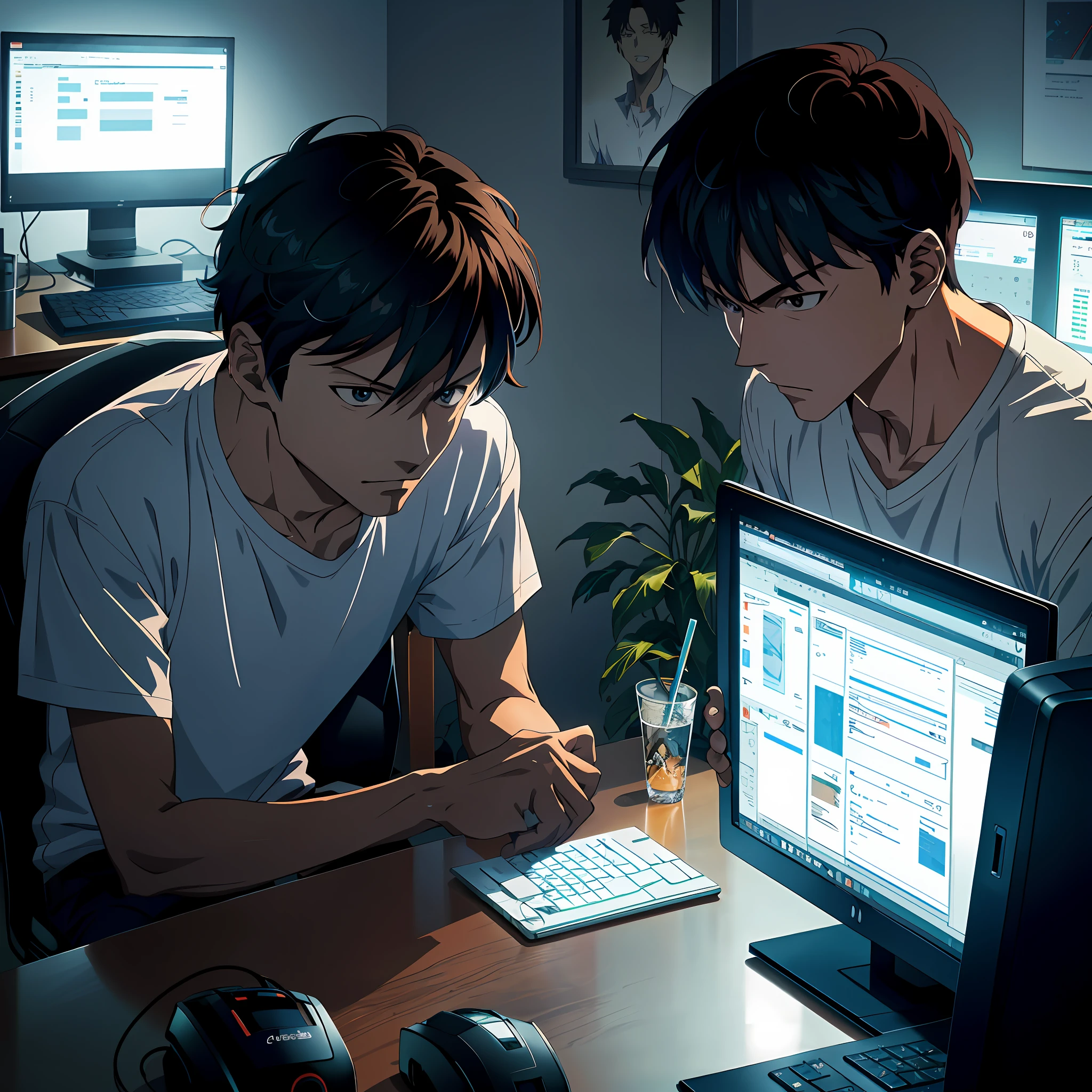 anime characters sitting at a desk with a computer and a keyboard, digital anime illustration, modern anime style, two anime handsome men, very modern anime style, akehiko inoue and ross tran, in anime style, digital anime art, detailed digital anime art, anime style illustration, 4 k manga wallpaper, high quality anime artstyle, in an anime style