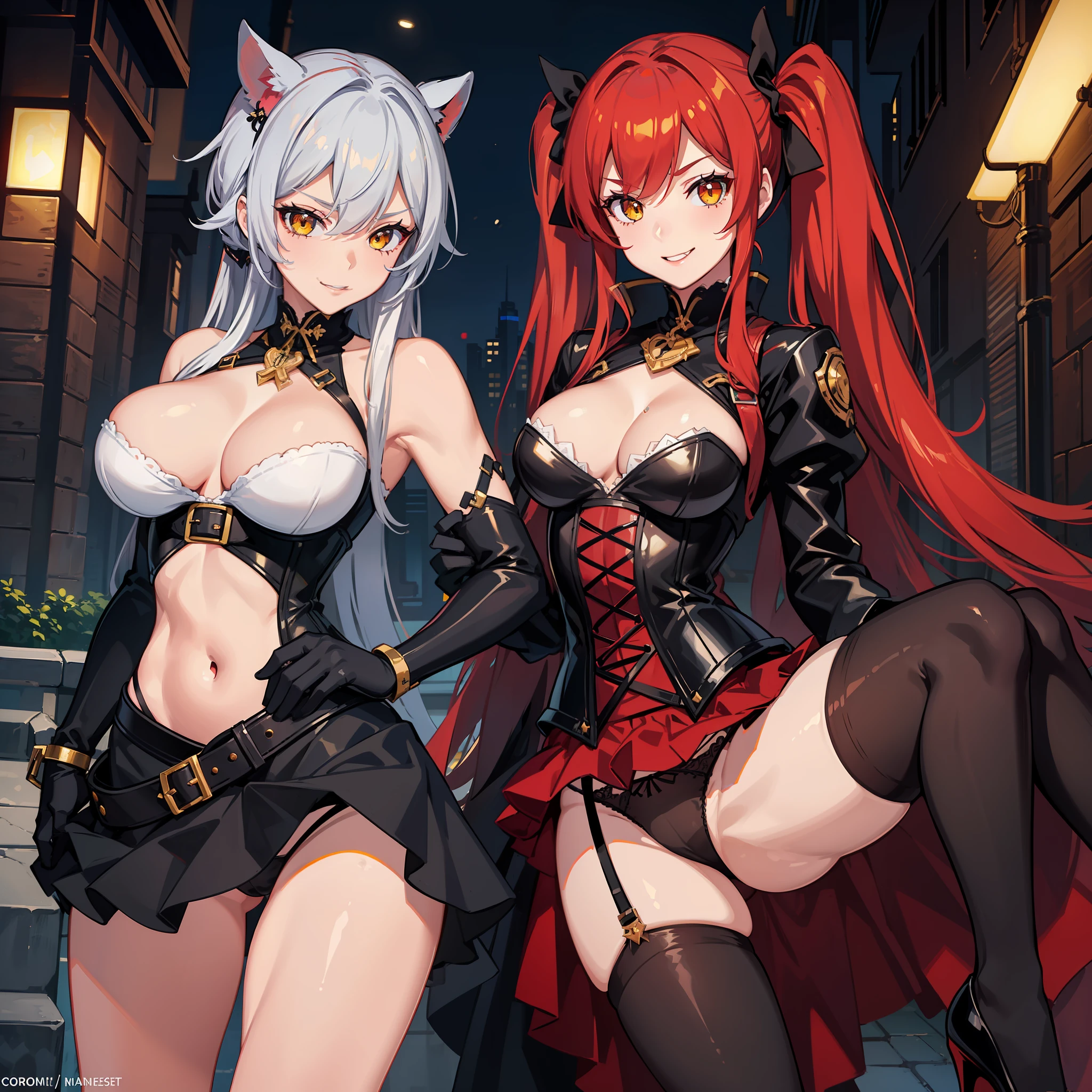 1girl, high quality, perfect anatomy, corset, black panties, thigh highs, black gloves, red hair, yellow eyes, navel, evil smile,twintails,