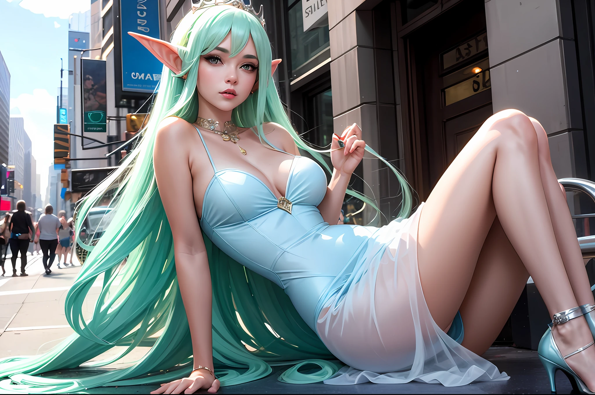 masterpiece, best quality, 1girl, the cloud sexy elf queen in sexy gown busks on the streets of new york seductively, casual