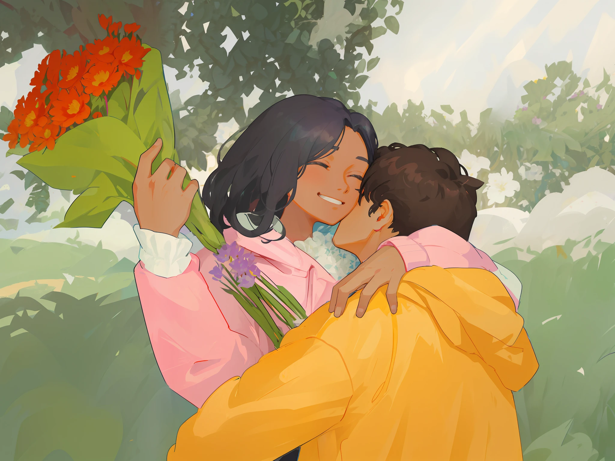 there is a woman giving a man a bunch of flowers, carrying flowers, holding flowers, wearing a hoodie and flowers, there are flowers, picking up a flower, animation still, animated film still, wikihow, animation film still, with flowers, animated still, wikihow illustration, digitally colored, concept art of love, colored illustration, rotoscoped, realistic scene