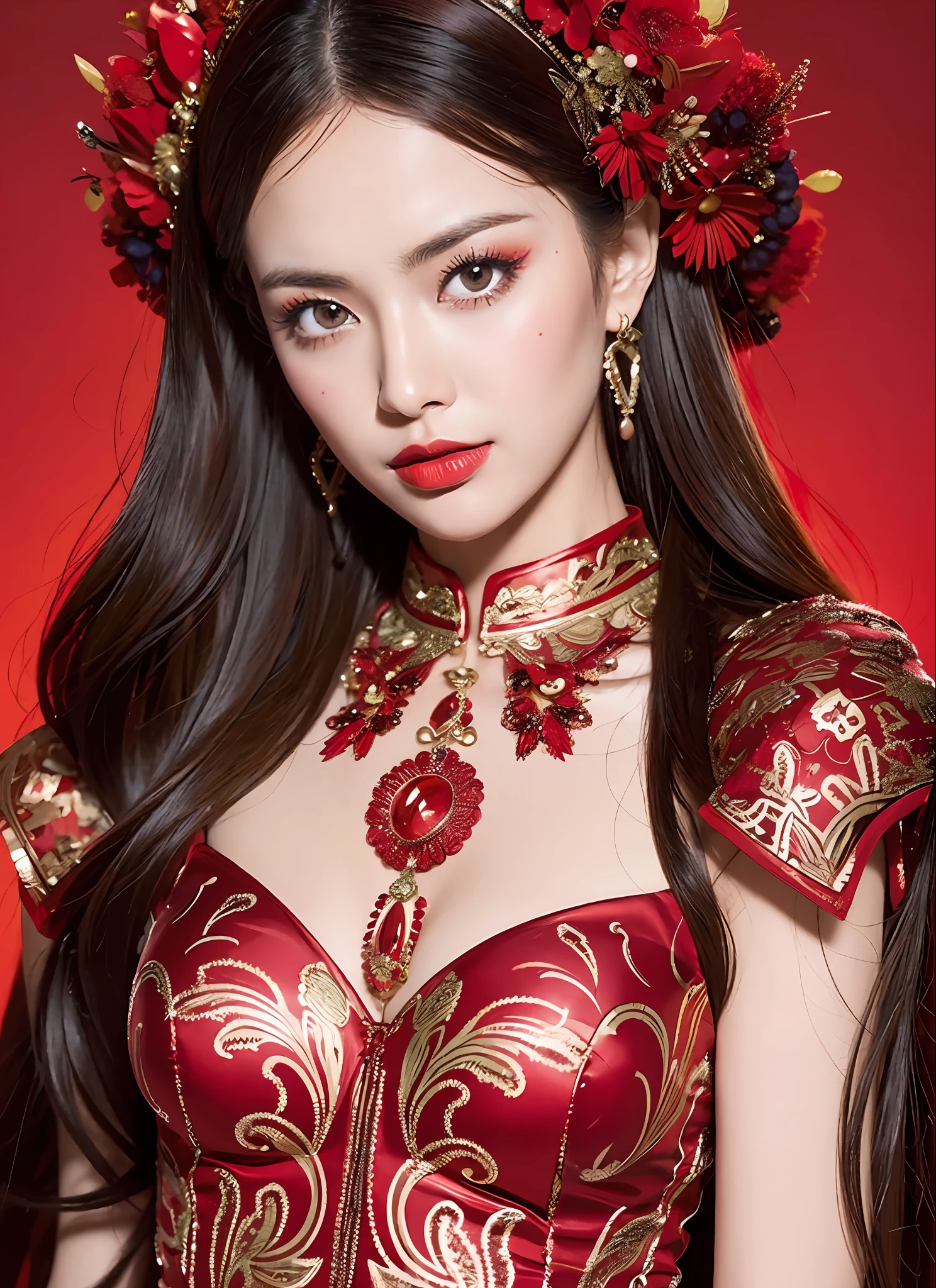 Generate high-quality, vibrant red images of women. She is dressed in a sophisticated fashion style and wears elegant outfits based on red. The background is a landscape with abstract and fantastic elements, interspersed with motifs of red flowers and flames. Her poses are fluid and give a sense of graceful movement. The effects of light and shadow are vividly expressed, and the faces and expressions that are carefully depicted in the details of the red costumes and makeup are emotionally revealed. The overall atmosphere is contemporary, yet has its own artistic touch, which brings out the passion and strength of red. This image is vividly colored in red, evoking visual stimulation and aesthetics, and will intrigue and surprise the viewer.