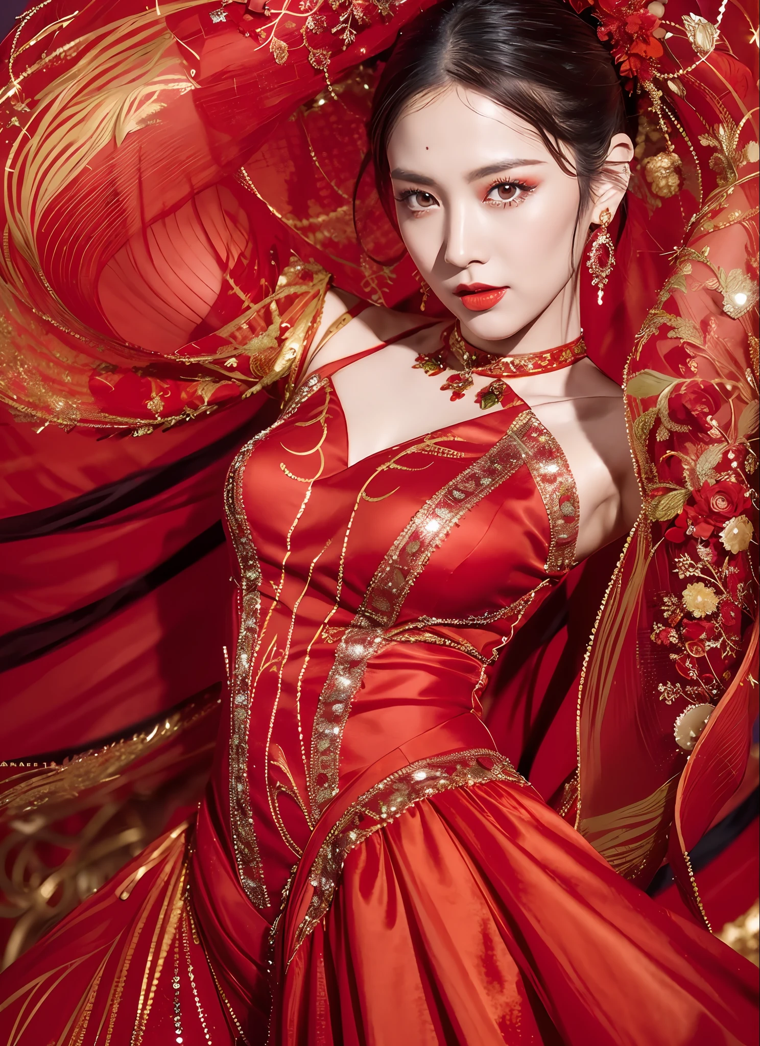 Generate high-quality, vibrant red images of women. She is dressed in a sophisticated fashion style and wears elegant outfits based on red. The background is a landscape with abstract and fantastic elements, interspersed with motifs of red flowers and flames. Her poses are fluid and give a sense of graceful movement. The effects of light and shadow are vividly expressed, and the faces and expressions that are carefully depicted in the details of the red costumes and makeup are emotionally revealed. The overall atmosphere is contemporary, yet has its own artistic touch, which brings out the passion and strength of red. This image is vividly colored in red, evoking visual stimulation and aesthetics, and will intrigue and surprise the viewer.