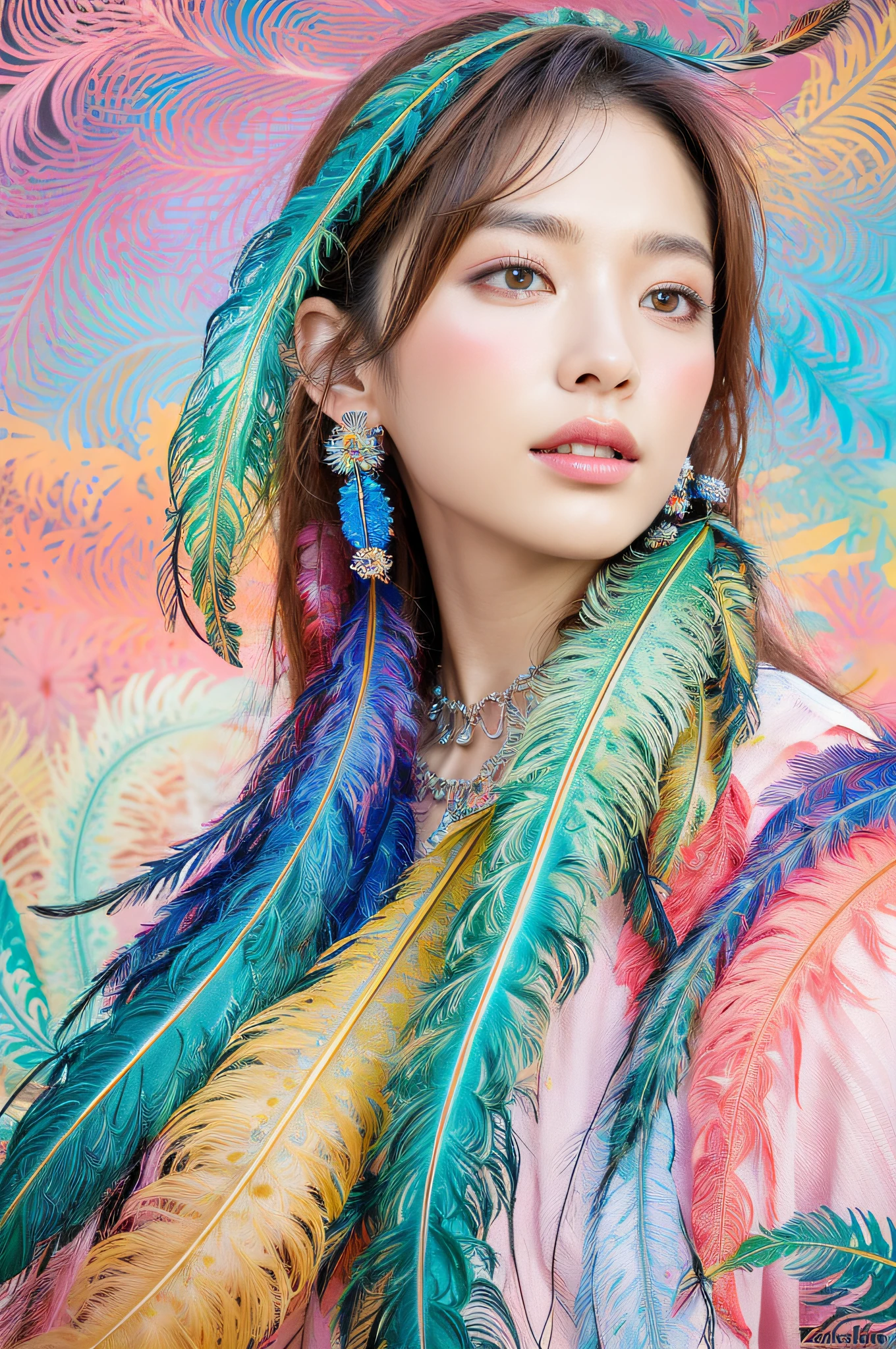 (masterpiece, top quality, best quality, official art, beautiful and aesthetic:1.2), (1girl:1.3), extremely detailed,(fractal art:1.1),(colorful:1.1)(flowers:1.3),highest detailed,(zentangle:1.2), full body, (abstract background:1.3), (shiny skin), (many colors:1.4), ,(earrings), (feathers:1.5),