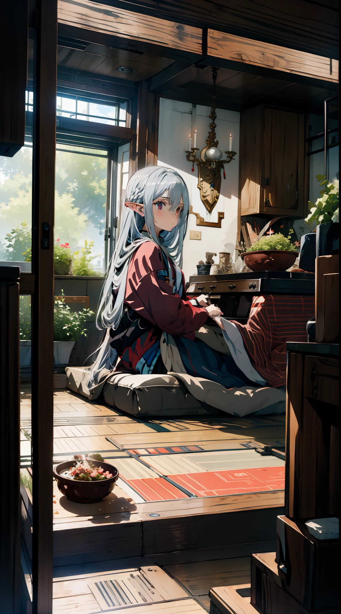 1 girl, elf, silver hair, red eyes, sitting on kotatsu, concept art, beautiful anime scene, beautiful anime scenery, top rating on pixiv, highest quality, 4K