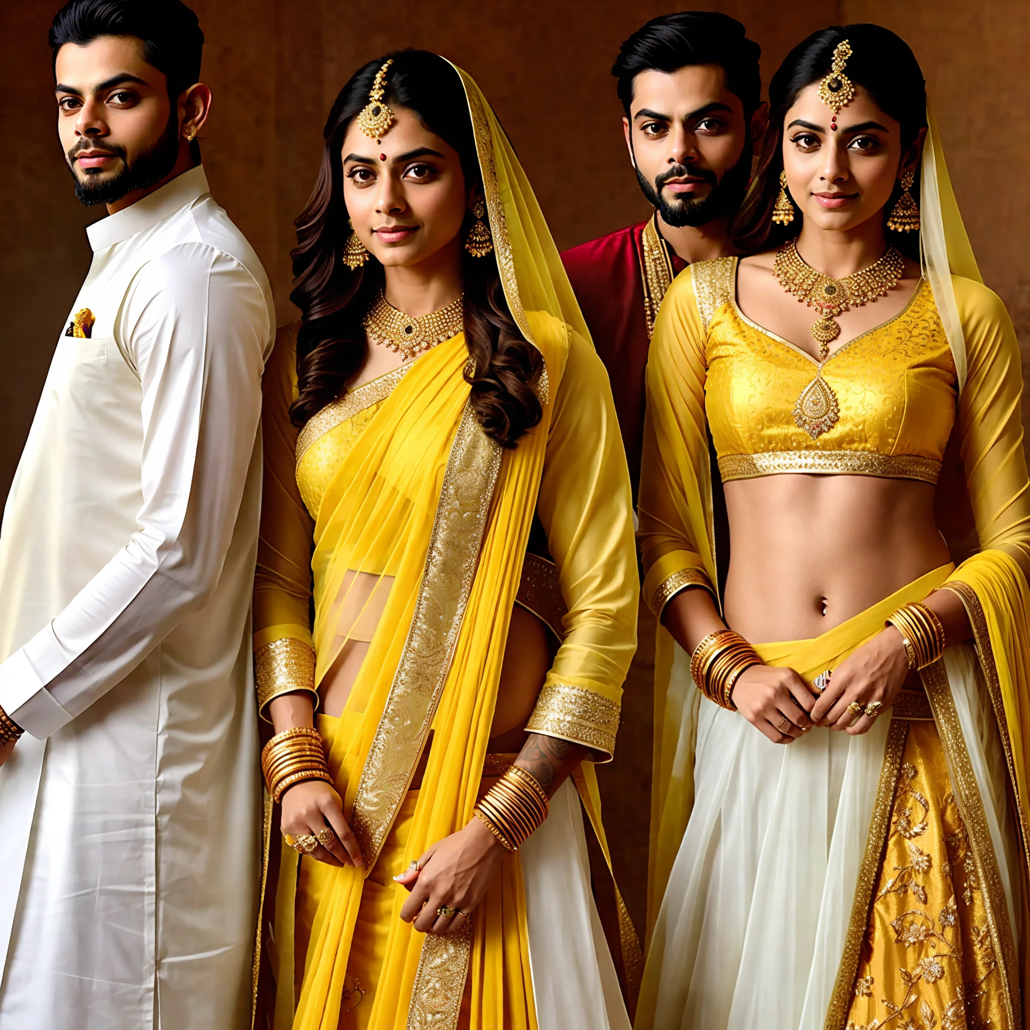 Indian princess wear yellow clothes show stomach long wear jewellers. and Virat Kohli wear white kurta and posing in front of camera realistic body