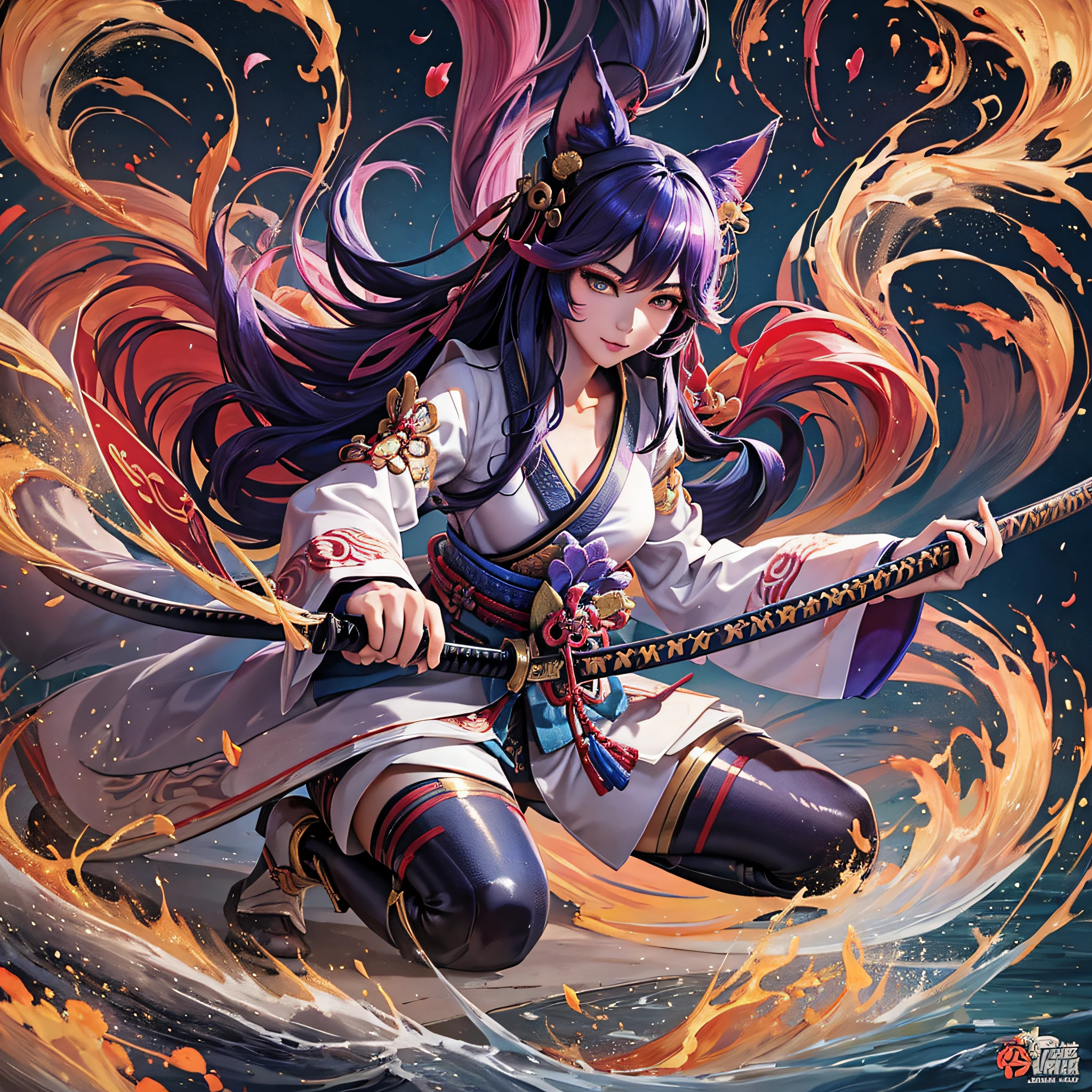 "A detailed, high-quality image of Ahri from League of Legends wearing traditional samurai armor, displaying his skill with a katana in each hand, personifying the elegance and strength of a samurai during Japan's feudal era, dynamic pose, simple background, intricate details, her nine fox tails in the background, katana swords being masterfully wielded,  full body, 16k, japanese samurai armor, feudal armor, samurai ahri warrior armor