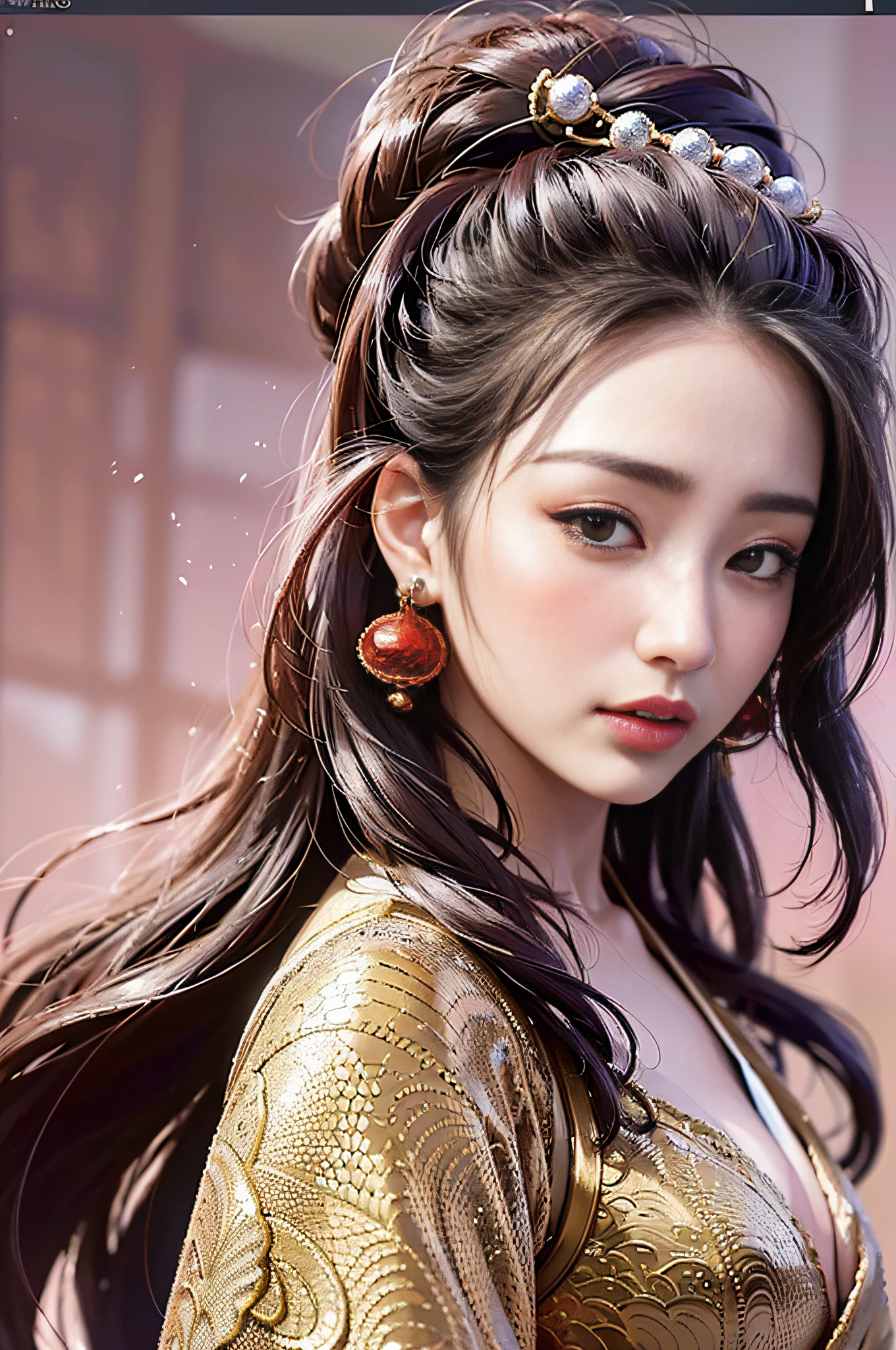 ((hyperrealistic, photorealistic, 8k, intricate details)) "A geisha queen geisha samurai, flowing hair and fleshy lips, wearing a sexy and chic armor kimono, in a setting with soft focus effect, contrasting with the blurred background, with the light gently sliding down the face, in a dynamic and charming pose."