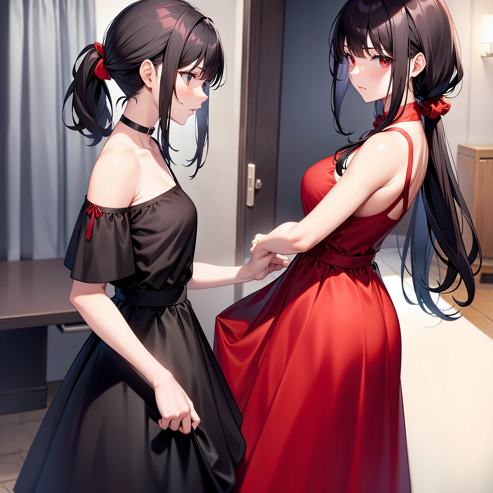 red black dress black hair ponytail curtain pinch sea dress
