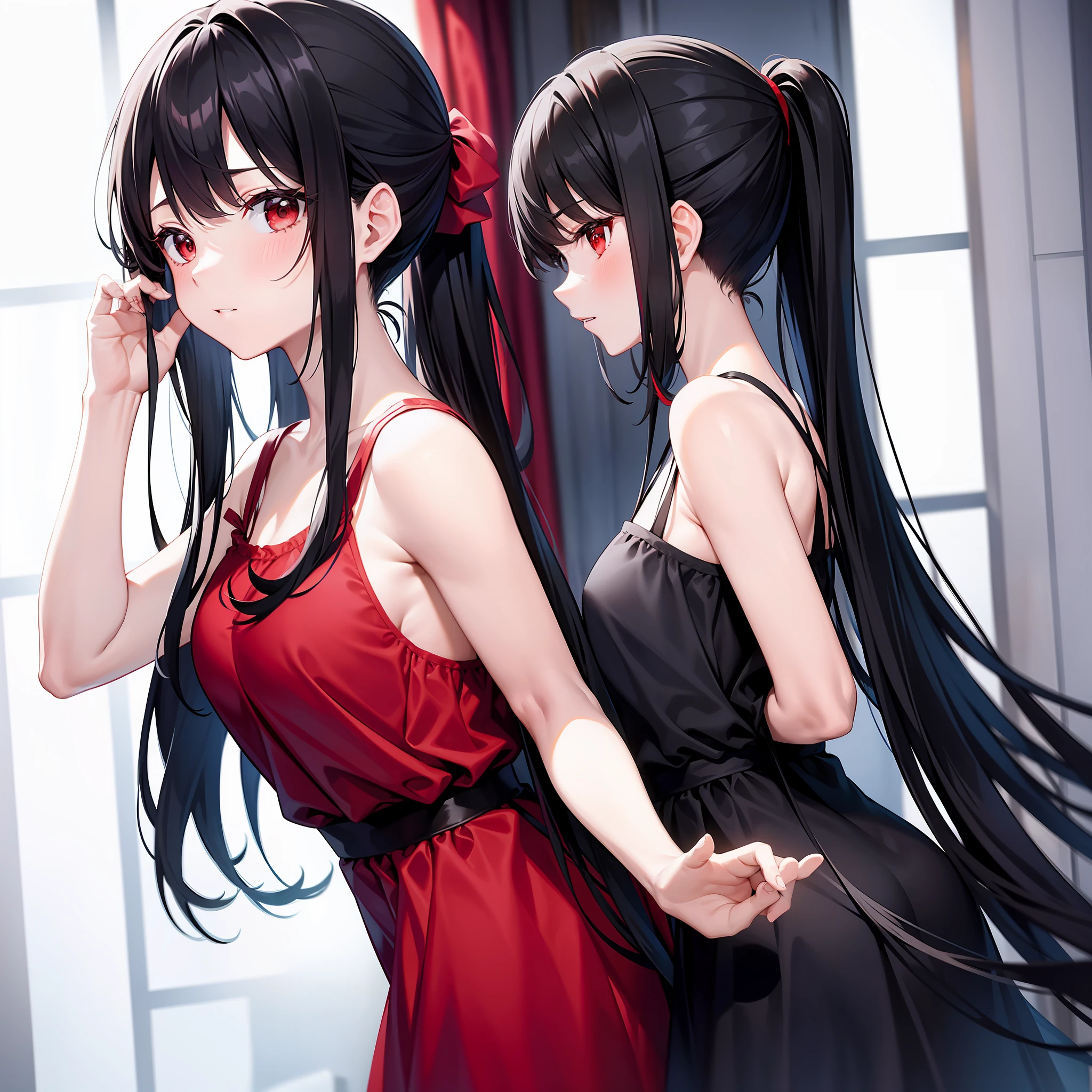 red black dress black hair ponytail curtain pinch sea dress