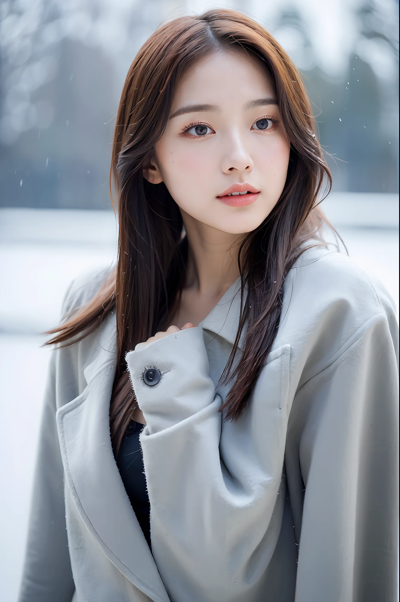 realistic photos of (1 cute Korean star) Shoulder-length hair, thin makeup, medium breasts size, wearing coat, in the snow, clear facial features, 8K high resolution, sharp and realistic details.from outside, Eye-Level Shot, f/4.0, 135mm, Fujifilm, jpeg artifacts, dithering, UHD, masterpiece