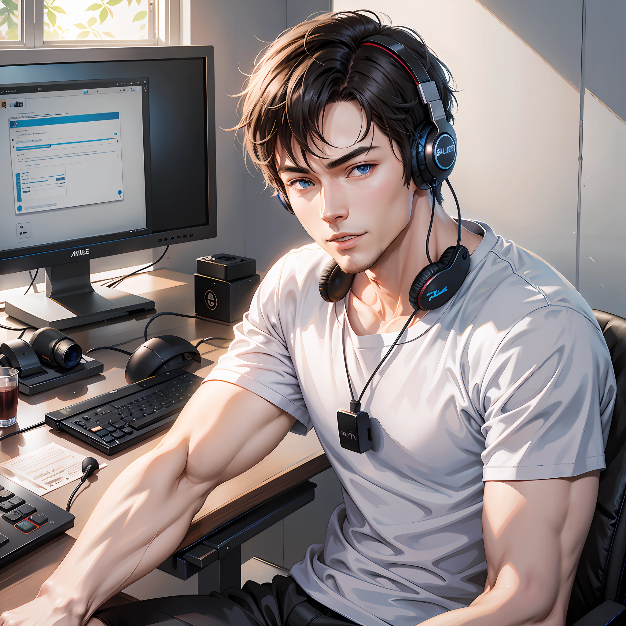 anime guy sitting at a desk with headphones on and a computer, digital anime illustration, tall anime guy with blue eyes, smooth anime cg art, realistic anime artstyle, anime handsome man, digital anime art, detailed digital anime art, high quality fanart, young anime man, high quality anime artstyle, commission for high res, digital art on pixiv