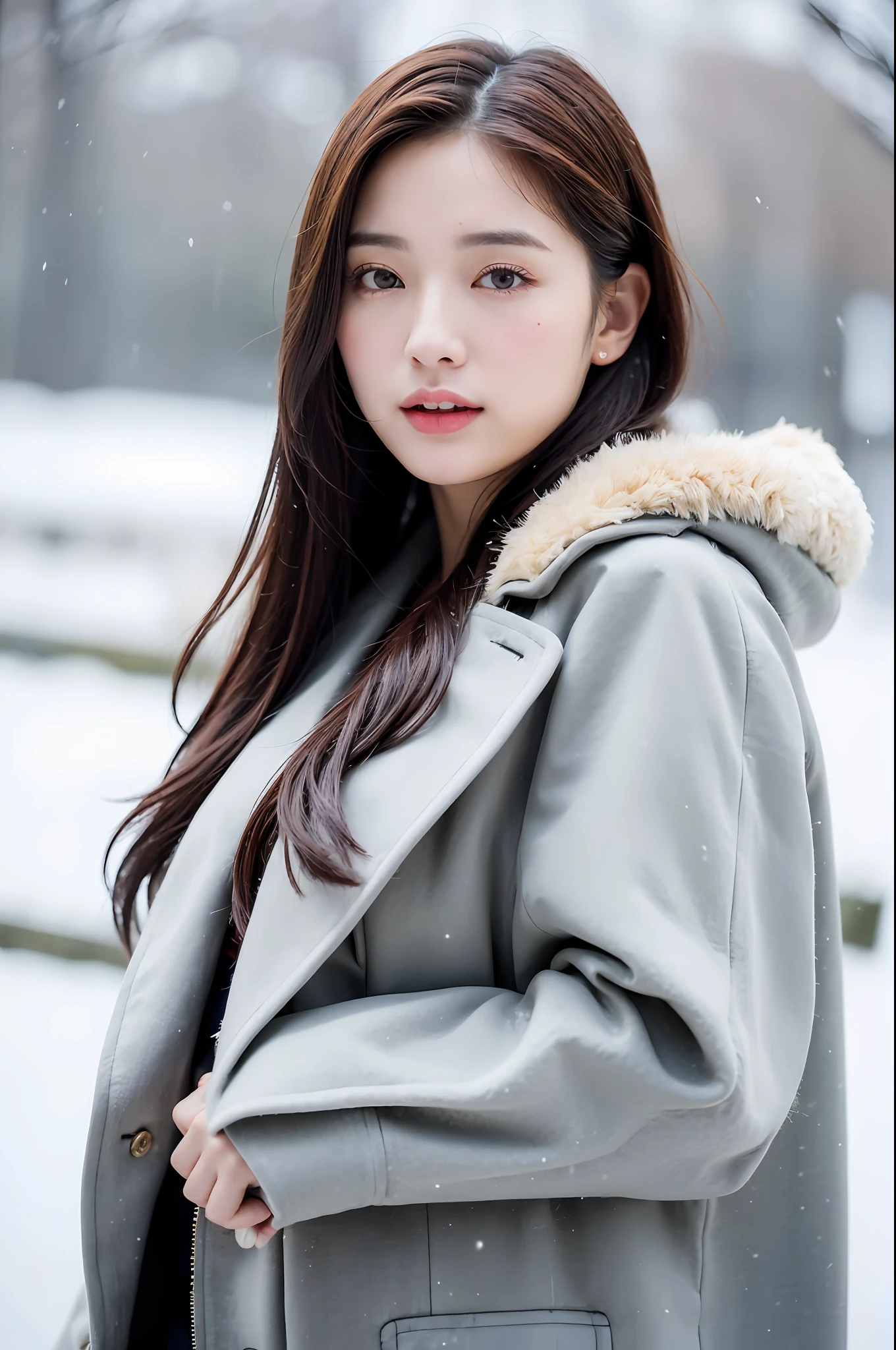 realistic photos of (1 cute Korean star) Shoulder-length hair, thin makeup, medium breasts size, wearing coat, in the snow, clear facial features, 8K high resolution, sharp and realistic details.from outside, Eye-Level Shot, f/4.0, 135mm, Fujifilm, jpeg artifacts, dithering, UHD, masterpiece