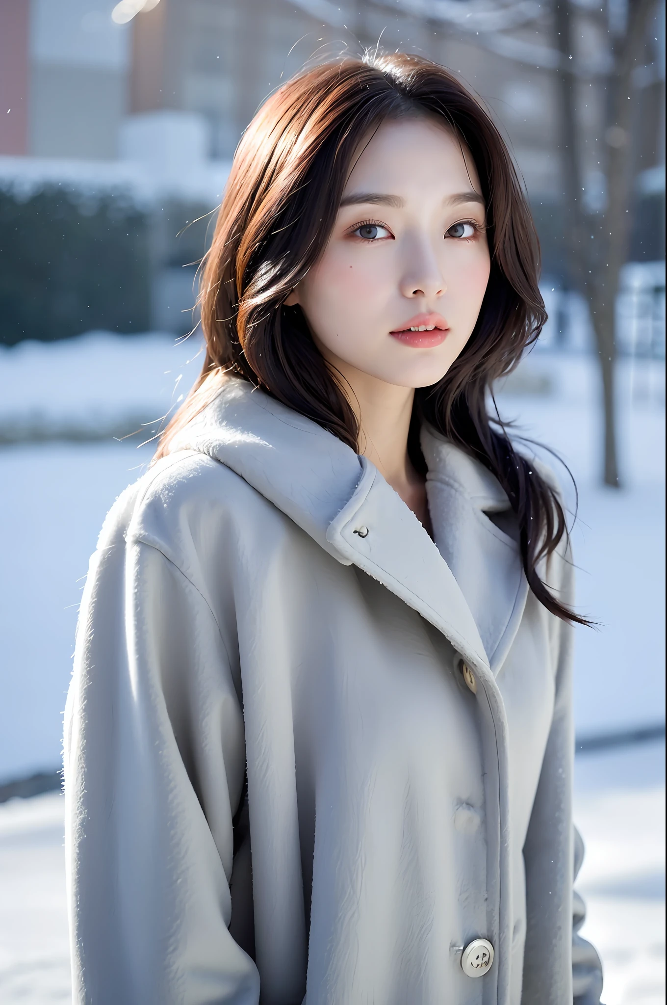 realistic photos of (1 cute Korean star) Shoulder-length hair, thin makeup, medium breasts size, wearing coat, in the snow, clear facial features, 8K high resolution, sharp and realistic details.from outside, Eye-Level Shot, f/4.0, 135mm, Fujifilm, jpeg artifacts, dithering, UHD, masterpiece