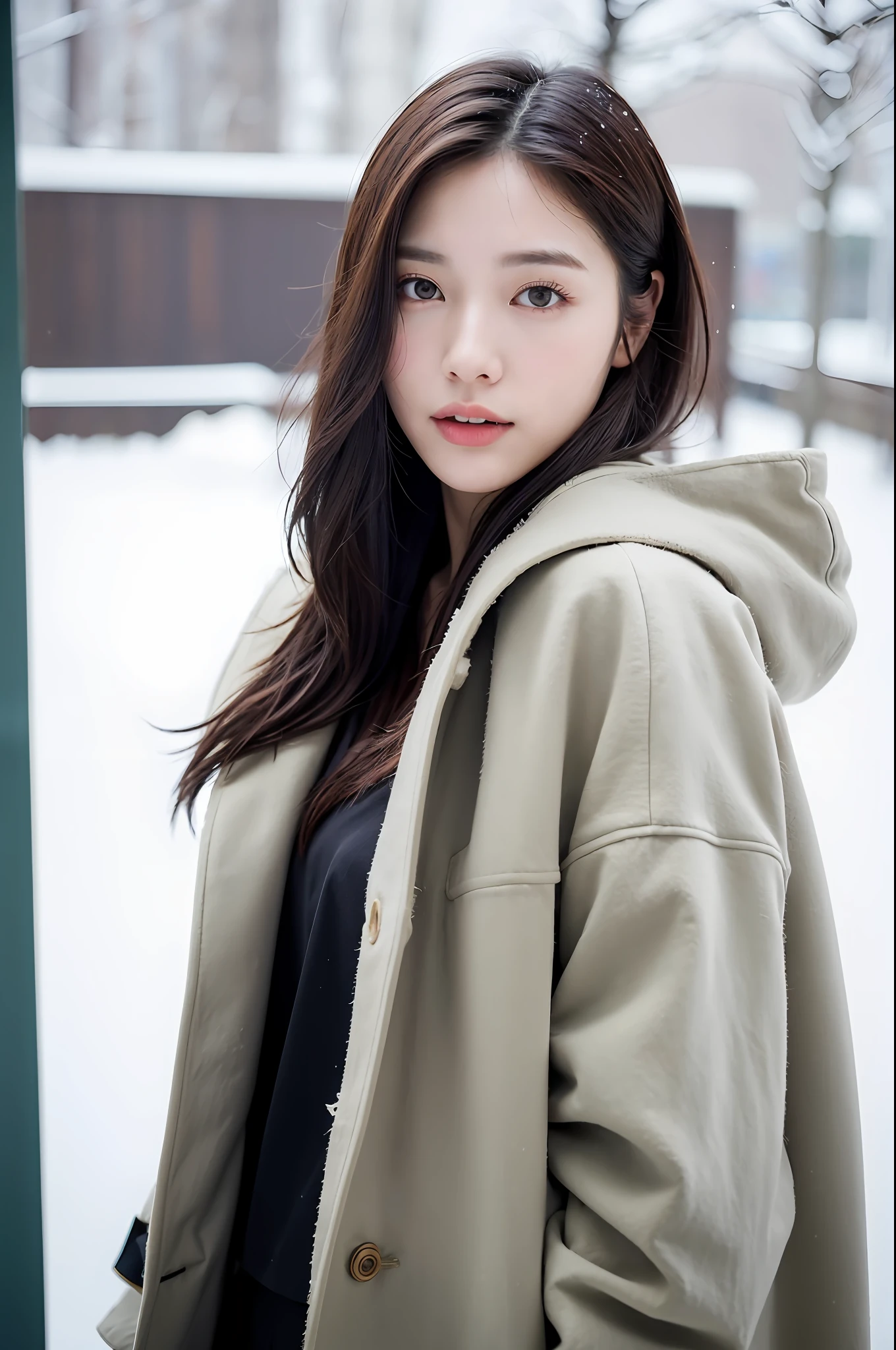 realistic photos of (1 cute Korean star) Shoulder-length hair, thin makeup, medium breasts size, wearing coat, in the snow, clear facial features, 8K high resolution, sharp and realistic details.from outside, Eye-Level Shot, f/4.0, 135mm, Fujifilm, jpeg artifacts, dithering, UHD, masterpiece