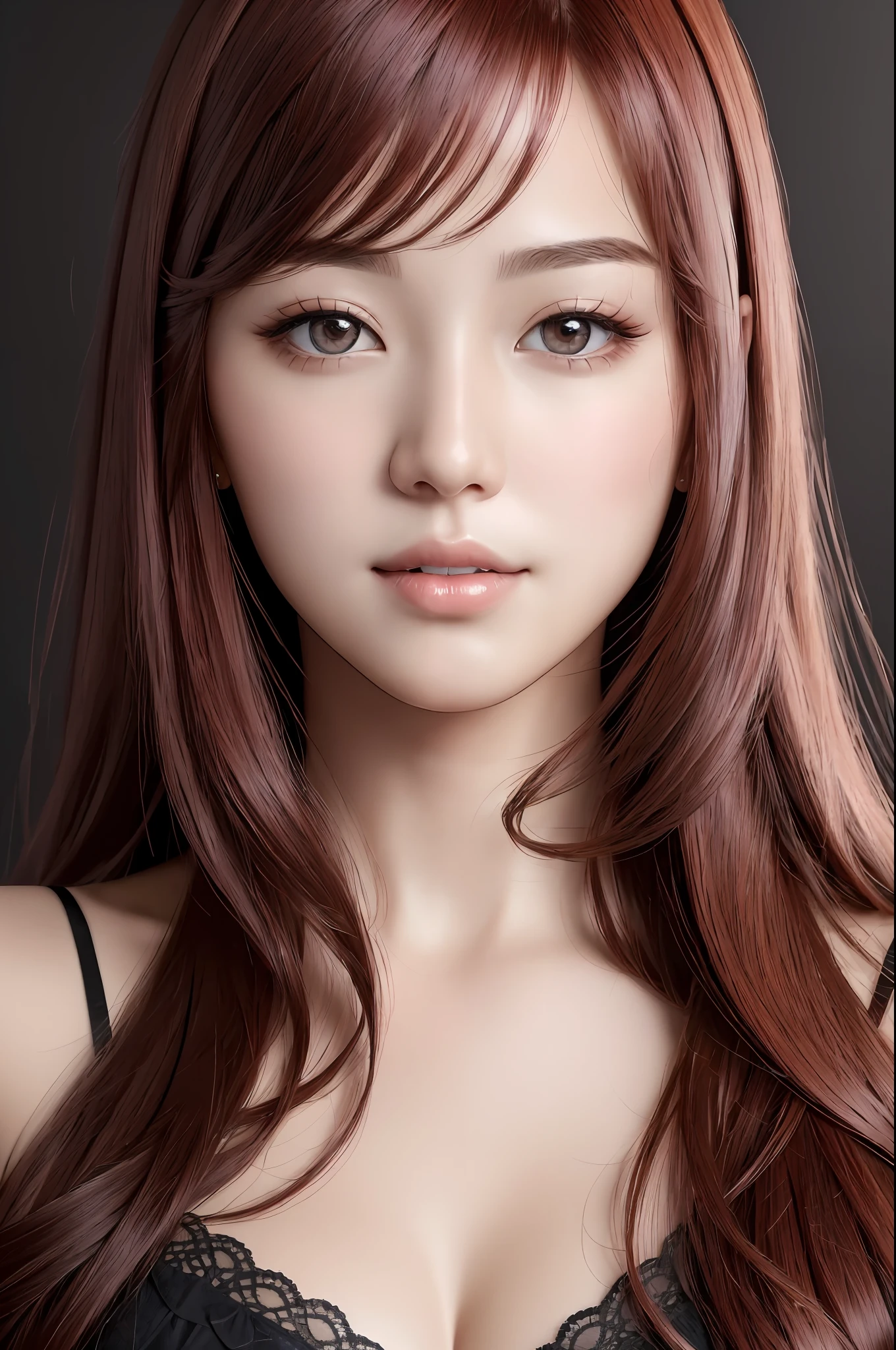 absurdres, 1girl, star eye, blush, (realistic:1.5), (masterpiece, Extremely detailed CG unity 8k wallpaper, best quality, highres:1.2), (ultra_detailed, UHD:1.2), (pixiv:1.3), perfect illumination, distinct, (bishoujo:1.2), looking at viewer, unreal engine, sidelighting, perfect face, detailed face, beautiful eyes, pretty face, (bright skin:1.3), idol, (abs), ulzzang-6500-v1.1, soft smile, upper body, (dark red hair), (simple background), ((dark background)), (depth of field), close-up, selfie