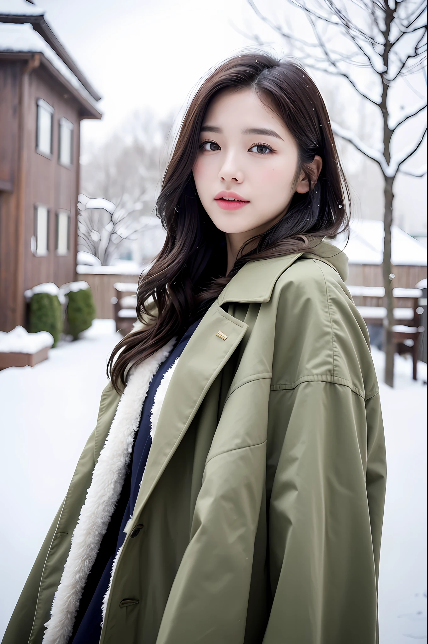 realistic photos of (1 cute Korean star) Shoulder-length hair, thin makeup, medium breasts size, wearing coat, in the snow, clear facial features, 8K high resolution, sharp and realistic details.from outside, Eye-Level Shot, f/4.0, 135mm, Fujifilm, jpeg artifacts, dithering, UHD, masterpiece