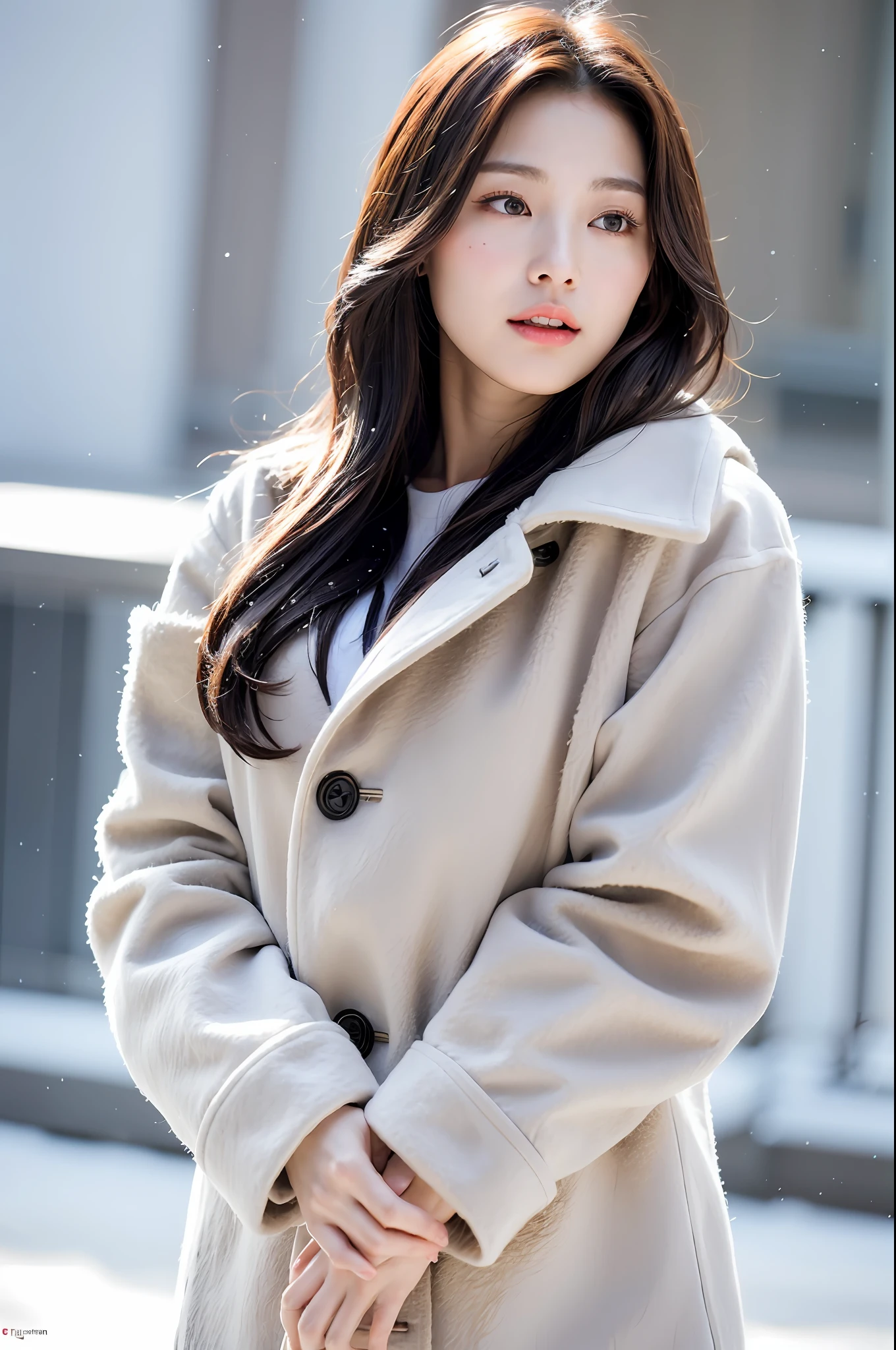 realistic photos of (1 cute Korean star) Shoulder-length hair, thin makeup, medium breasts size, wearing coat, in the snow, clear facial features, 8K high resolution, sharp and realistic details.from outside, Eye-Level Shot, f/4.0, 135mm, Fujifilm, jpeg artifacts, dithering, UHD, masterpiece