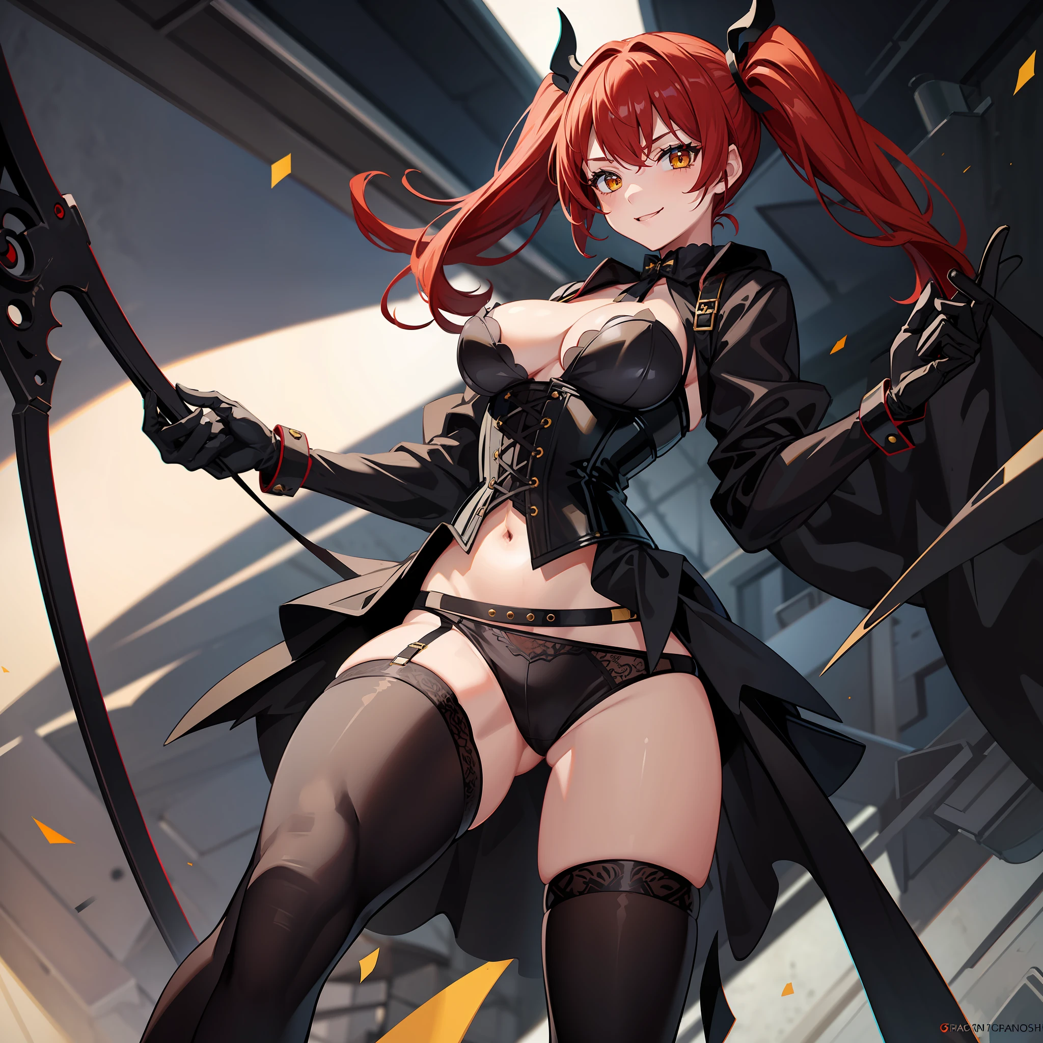 1girl, high quality, perfect anatomy, corset, black panties, thigh highs, black gloves, red hair, yellow eyes, navel, evil smile,twintails,