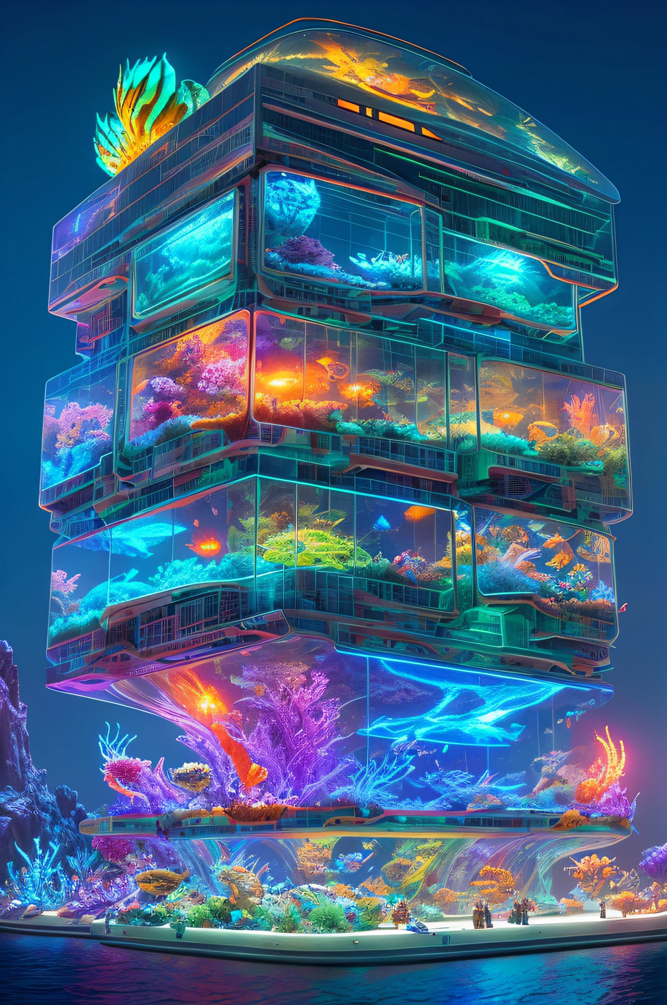 epic fantasy concept, a modern transparent building at night as a huge aquarium containing marine lifeforms, pretty colorful lights decorations, wide shot, 8k octane render, photorealistic, cinematic lighting, detailed building, detailed fish