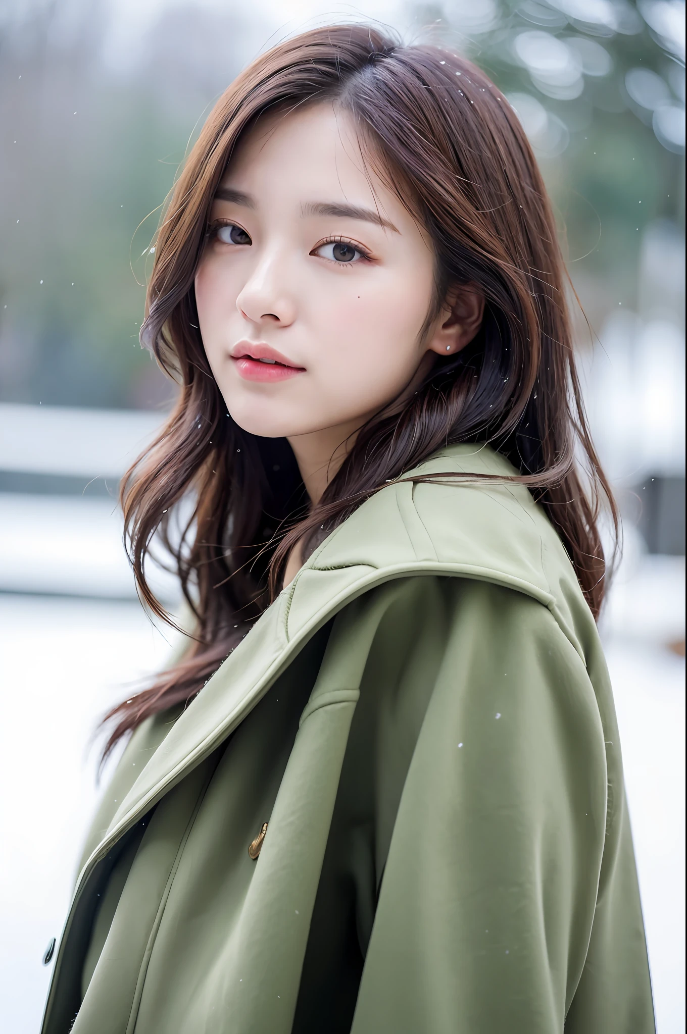 realistic photos of (1 cute Korean star) Shoulder-length hair, thin makeup, medium breasts size, wearing coat, in the snow, clear facial features, 8K high resolution, sharp and realistic details.from outside, Eye-Level Shot, f/4.0, 135mm, Fujifilm, jpeg artifacts, dithering, UHD, masterpiece