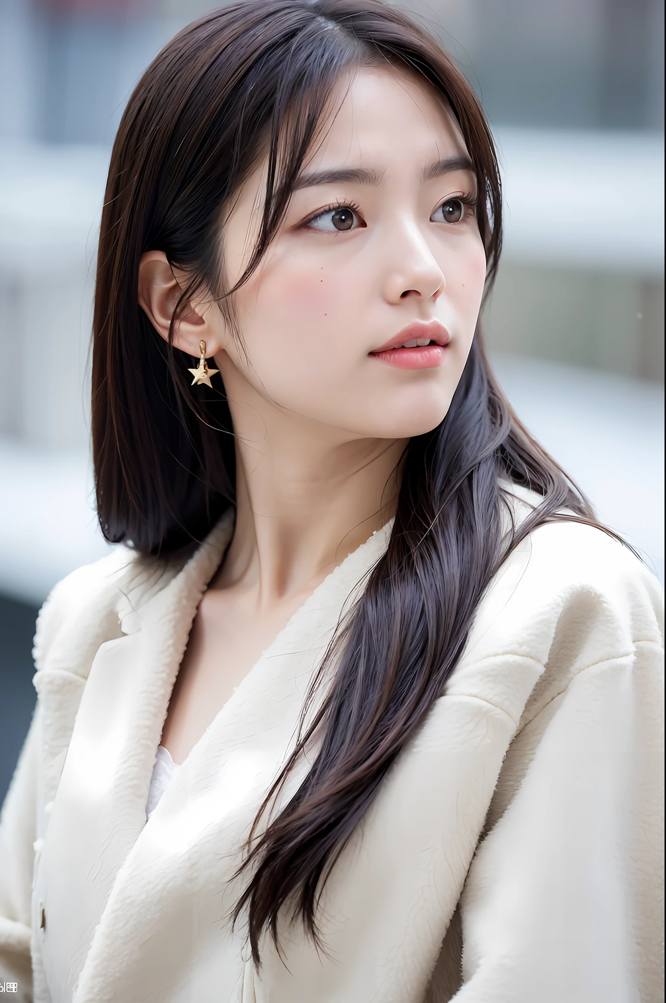 realistic photos of (1 cute Korean star) Shoulder-length hair, thin makeup, medium breasts size, wearing coat, in the snow, clear facial features, 8K high resolution, sharp and realistic details.from outside, Eye-Level Shot, f/4.0, 135mm, Fujifilm, jpeg artifacts, dithering, UHD, masterpiece