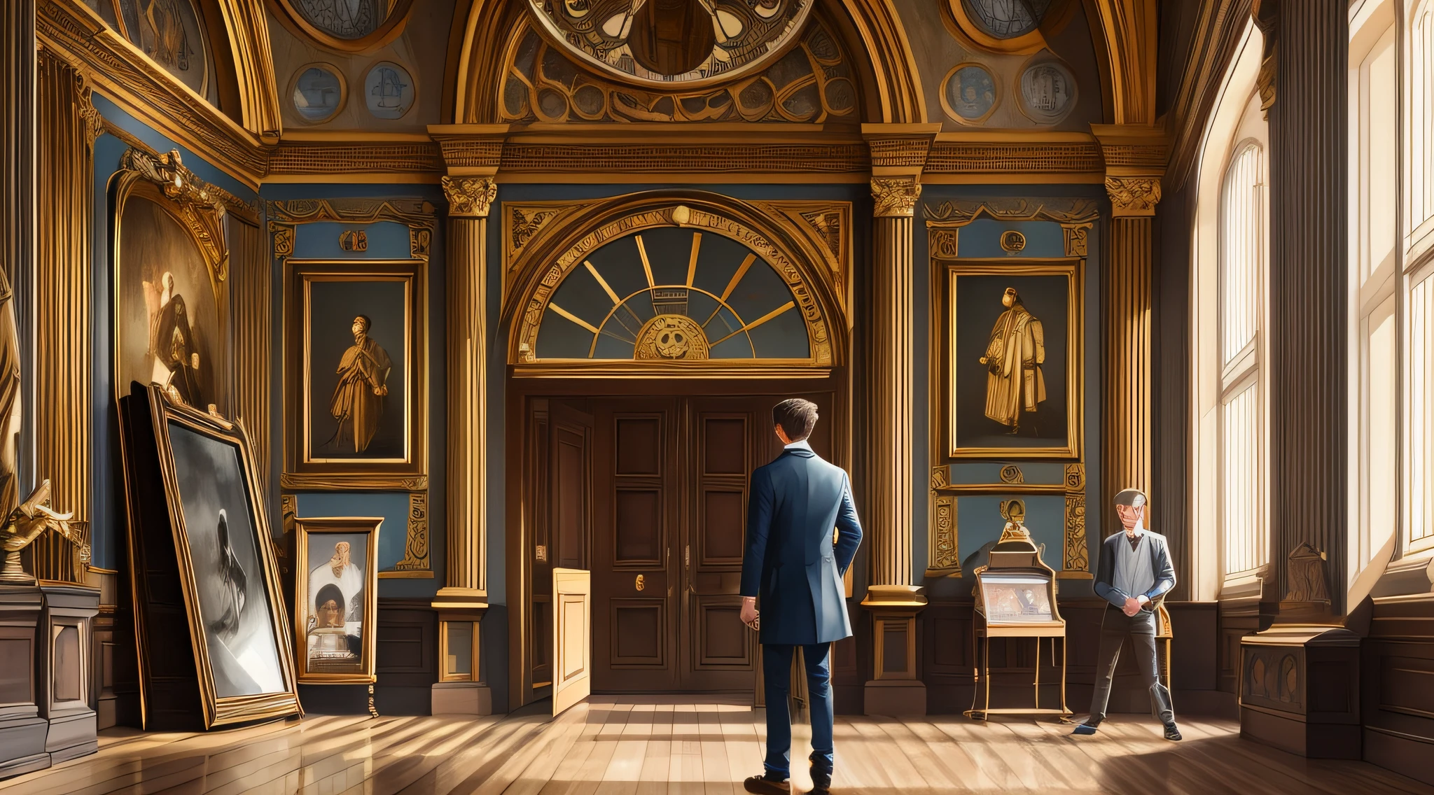 Drawing, ultra realistic, 8k, extremely detailed, in the best quality, a single age man of 17 years, standing, with an antique style clock in his hand, in the background a museum of antiquities.