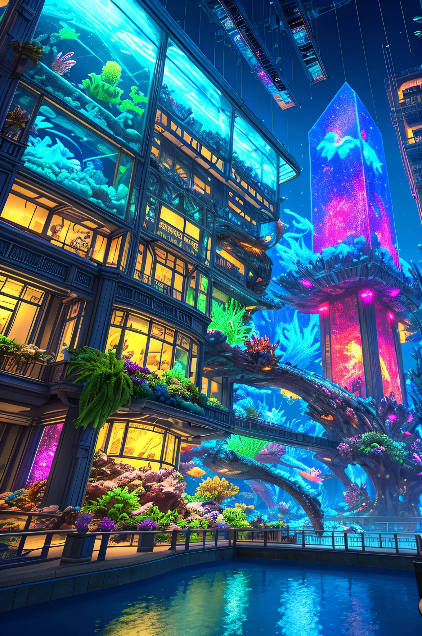 epic fantasy concept, a modern transparent building at night as a huge aquarium containing marine lifeforms, pretty colorful lights decorations, wide shot, 8k octane render, photorealistic, cinematic lighting, detailed building, detailed fish