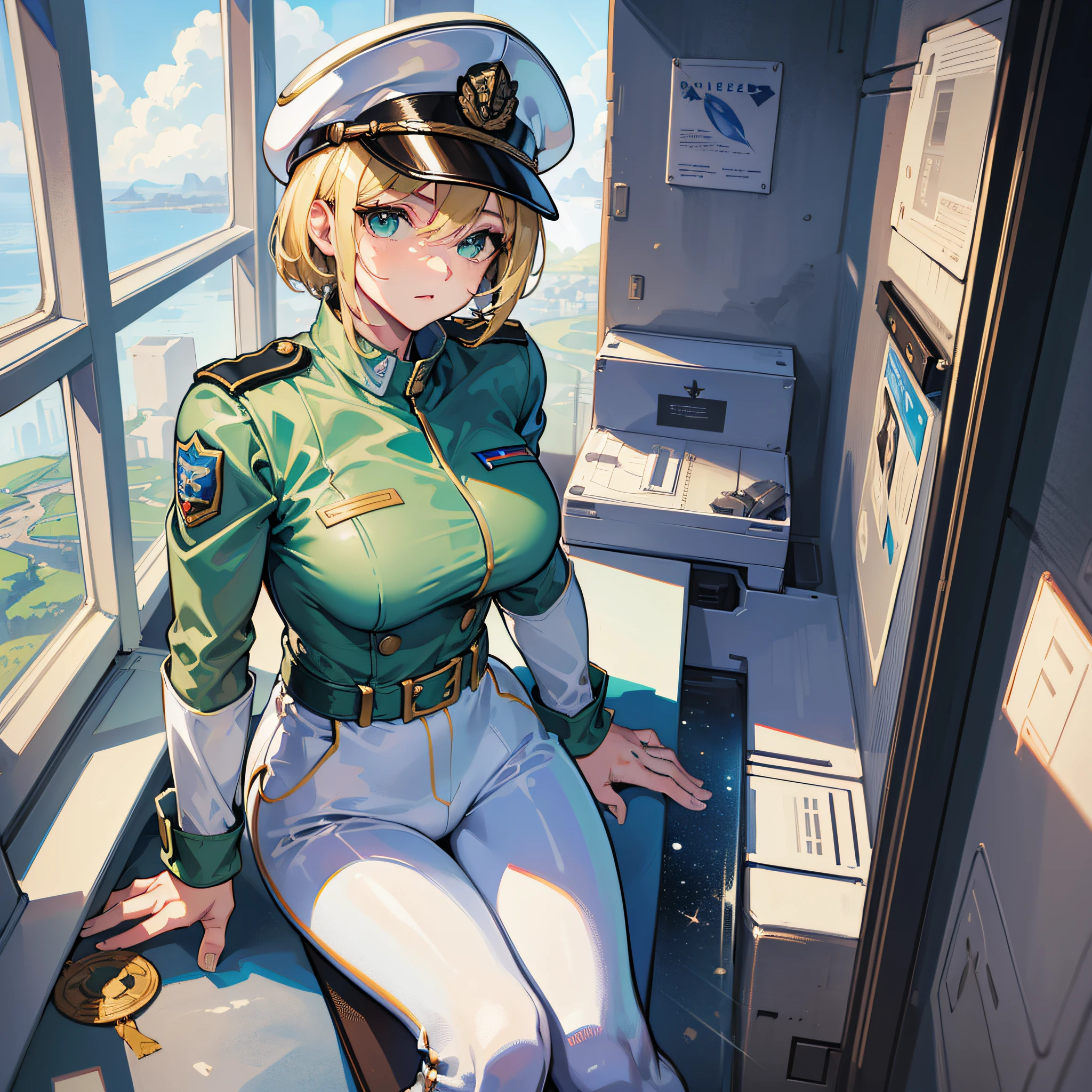 ((Masterpiece)), ((Highest Quality)), ((Best Quality)), (Illustration of One Girl), Full Body, 25 Years Old, Neutral, Blonde, (Short Hair), Green Eyes, (((Tall)), (Muscular Strong Body)), ((Muscular Strong Body)), ((Muscular Strong Body)), (Military Uniform)), (Military Uniform)), ((Military Hat)), (White Clothes), (White Pants), (White Hat), Trench Coat, ((Inside the Spaceship)), (Outside the Window, space, Earth seen from space, spaceport)