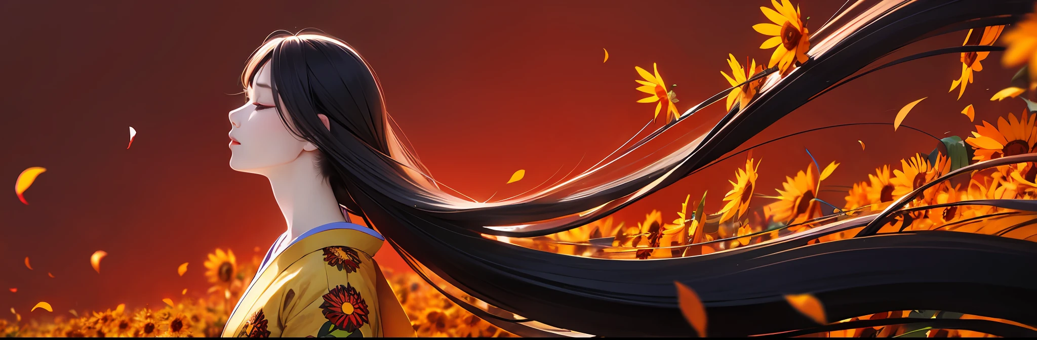 tsuruta ichiro, ichiro, 1girl, solo, upper body,
(super long hair:1.77), flying sunflower petals, profile, long eyelash, makeup, lipstick, sunflower petals pattern, sunflower leaves pattern, wavy hair, from side,
1girl, solo, long hair, simple background, black hair, closed mouth, closed eyes, upper body, japanese clothes, kimono, from side, eyelashes, profile, floating hair, wind, red background
rim light, back light,